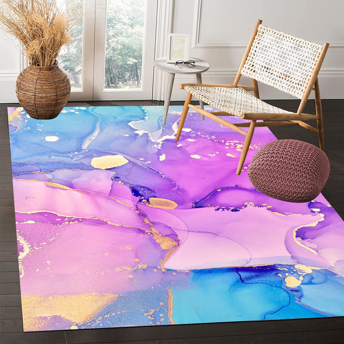 Blue Lilac Gold Abstract Modern Area Rug - Soft Washable Non-Slip Carpet for Living Room, Bedroom, Dining Room & Girls Room | Boho Chic Floor Rug Under Coffee Table, Laundry Runner (2x6) - Perfect for Home Decor, Nursery & Cozy Spaces