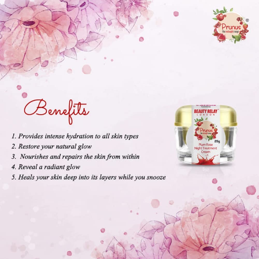 BEAUTYRELAY LONDON Prunus Plum Rose Night Treatment Cream with Shea Butter - Anti-Aging, Dark Spot Remover, Brightening Face Moisturizer for All Skin Types, 25g | Night Skincare Routine for Glowing, Youthful Skin