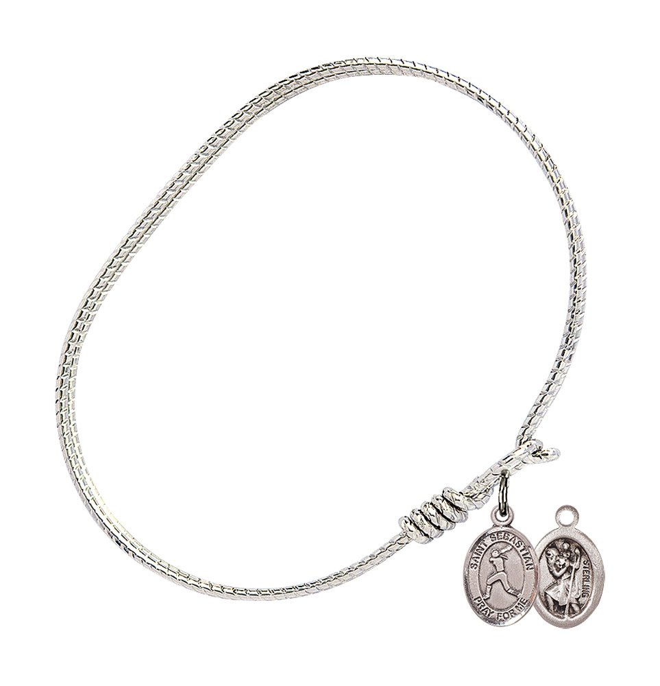 Sterling Silver Oval Eye Hook Bangle Bracelet with St. Sebastian & Softball Charm - Perfect for Sports Fans, Religious Jewelry Gifts & Everyday Wear