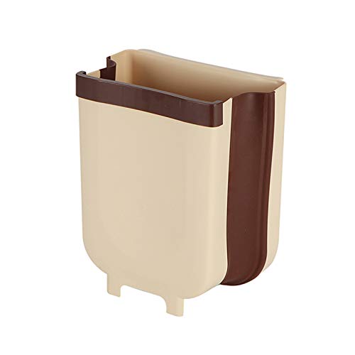 Foldable Wall-Mounted Trash Can - 9L/2.3 Gallon Kitchen Waste Bin with Cabinet Door Hanger, Collapsible Garbage Bin for Home (Khaki) | Space-Saving Solution for Small Kitchens, Bathrooms & RVs