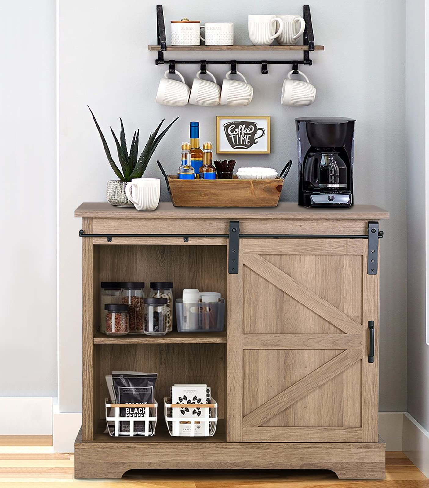 Farmhouse Coffee Bar Cabinet with Sliding Barn Door - Rustic Kitchen Sideboard Buffet Storage Cabinet for Dining Room, Living Room & Home Office Organization