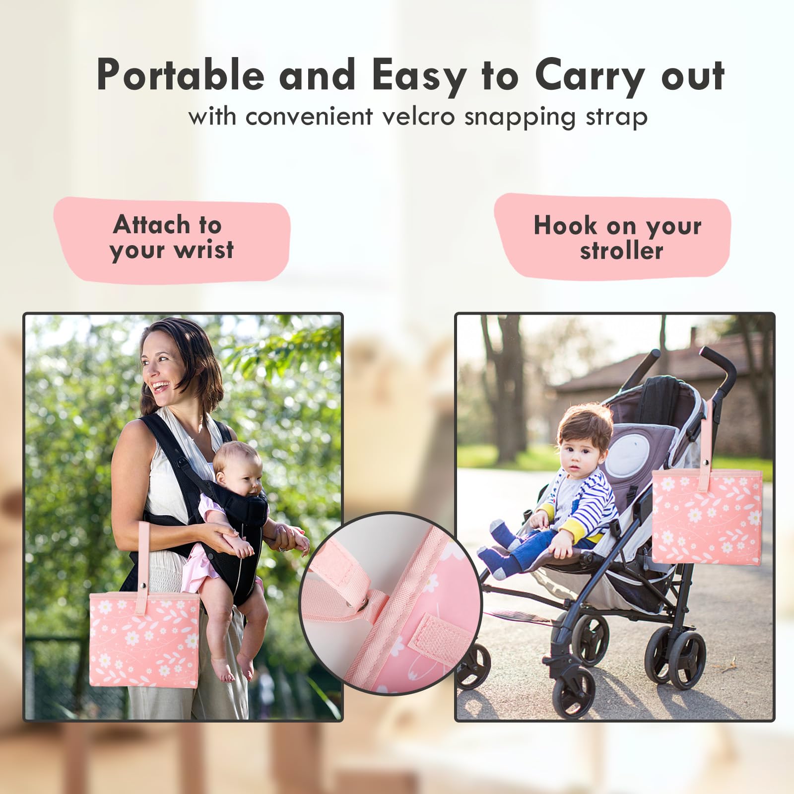Portable Waterproof Baby Diaper Changing Pad - Compact Travel Changing Mat with Wrist Strap - Wipeable & Lightweight for Diaper Bags (Pink Floral Design) - Perfect for On-the-Go Parents, Air Travel & Outdoor Activities
