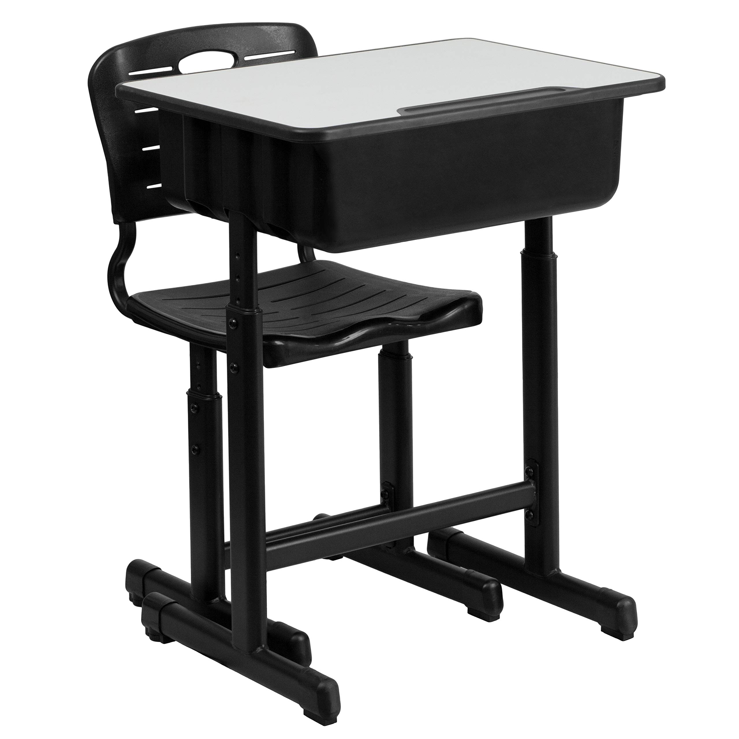 Adjustable Height Student Desk and Chair Set with Black Pedestal Frame - Ergonomic Study Table for Kids & Teens - Perfect for Home Schooling, Online Learning & Small Spaces