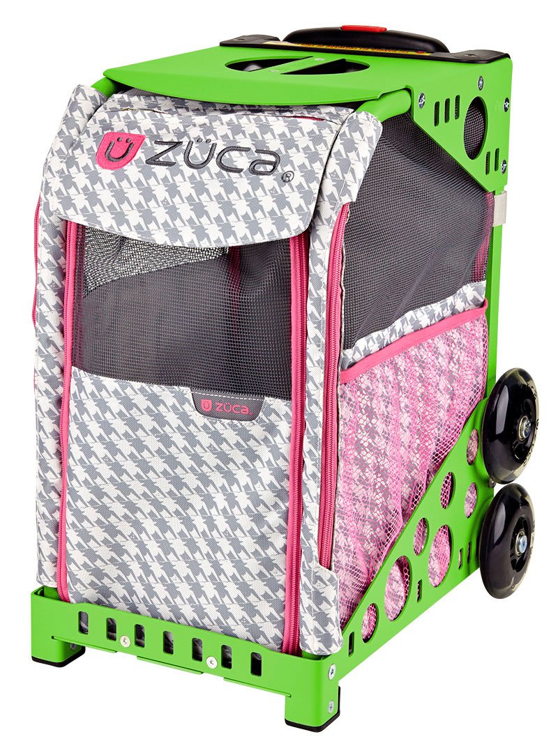 ZUCA ZuZuca Rolling Pet Carrier with Houndstooth Pink Insert Bag - Choose Frame Color (Green Frame & Flashing Wheels) | Airline Approved Pet Travel Carrier for Dogs & Cats | Perfect for Vet Visits, Travel & Outdoor Adventures