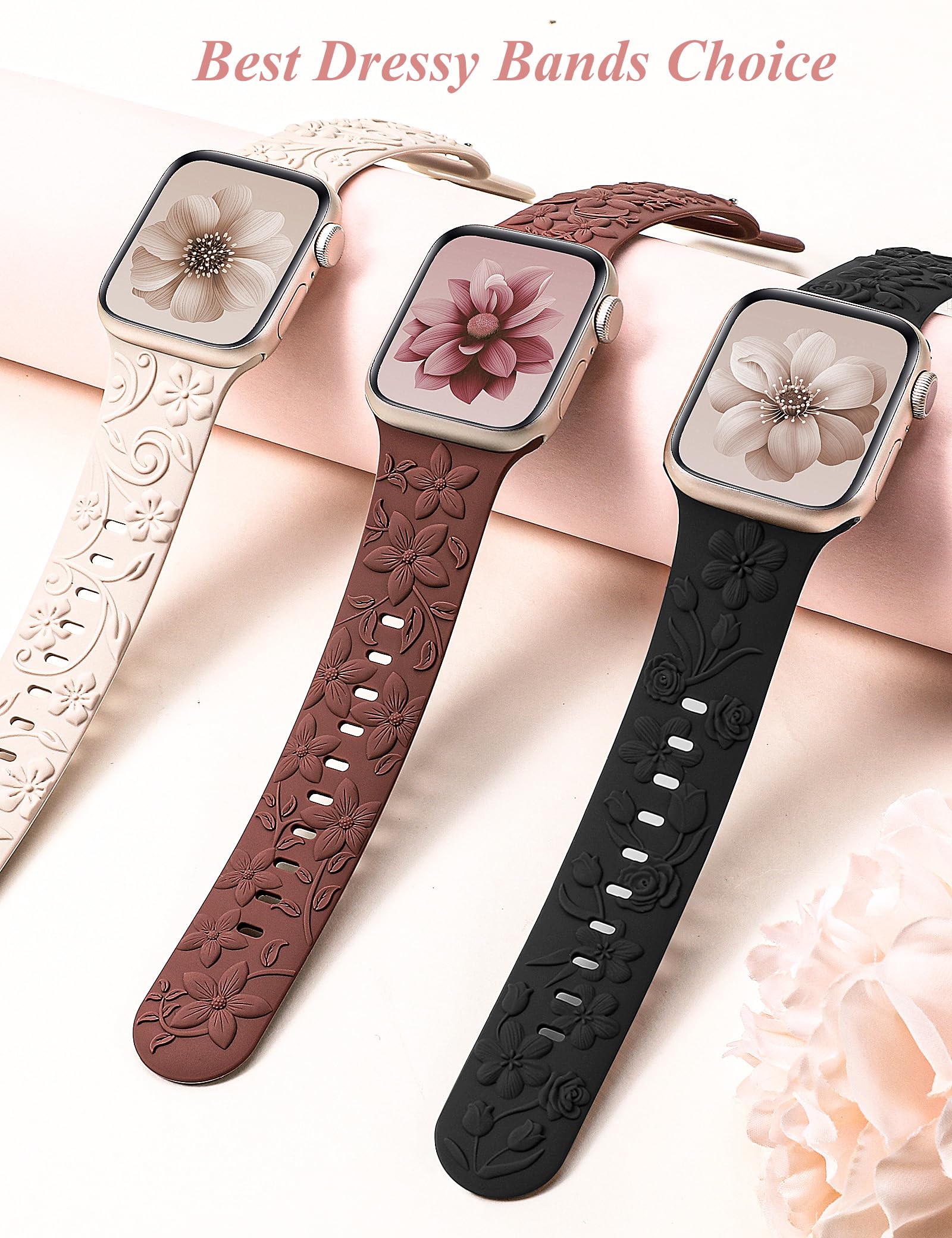 TOYOUTHS 3 Pack Floral Engraved Apple Watch Bands for Women - Soft Silicone Bracelet Compatible with iWatch Series SE/9/8/7/6/5/4/3/2/1 (38mm/40mm/41mm/42mm) - Cute Embossed Flower Design in Starlight/Violet/Black - Perfect for Workout, Daily Wear & Fashion Accessories