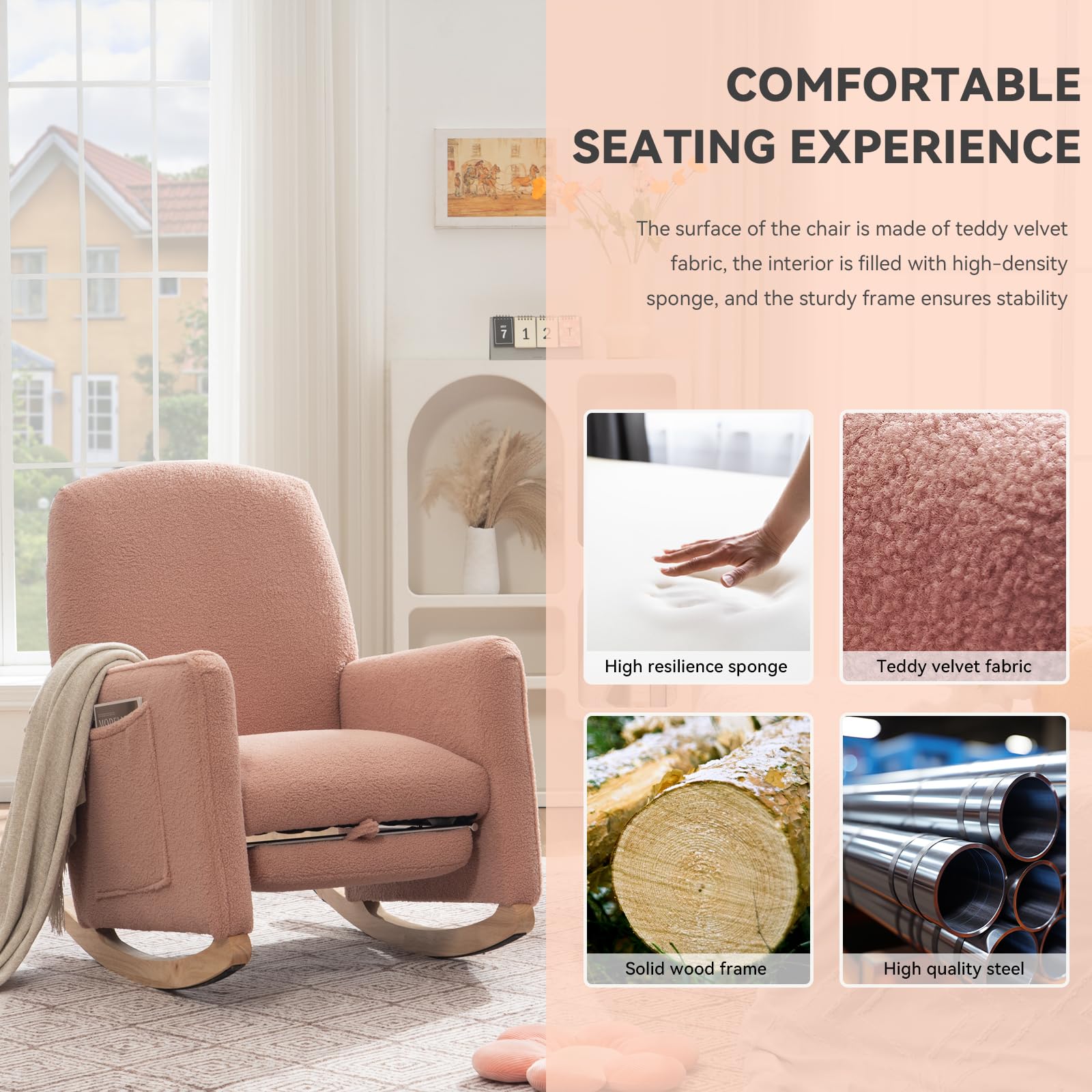 FOXHUNTER Adjustable Nursery Rocking Chair with High Backrest & Footrest - Glider Chair with Side Pockets for Baby Room - Soft Upholstered Rocking Chair for Living Room, Bedroom (Teddy Pink) - Perfect for Nursing, Reading & Relaxing