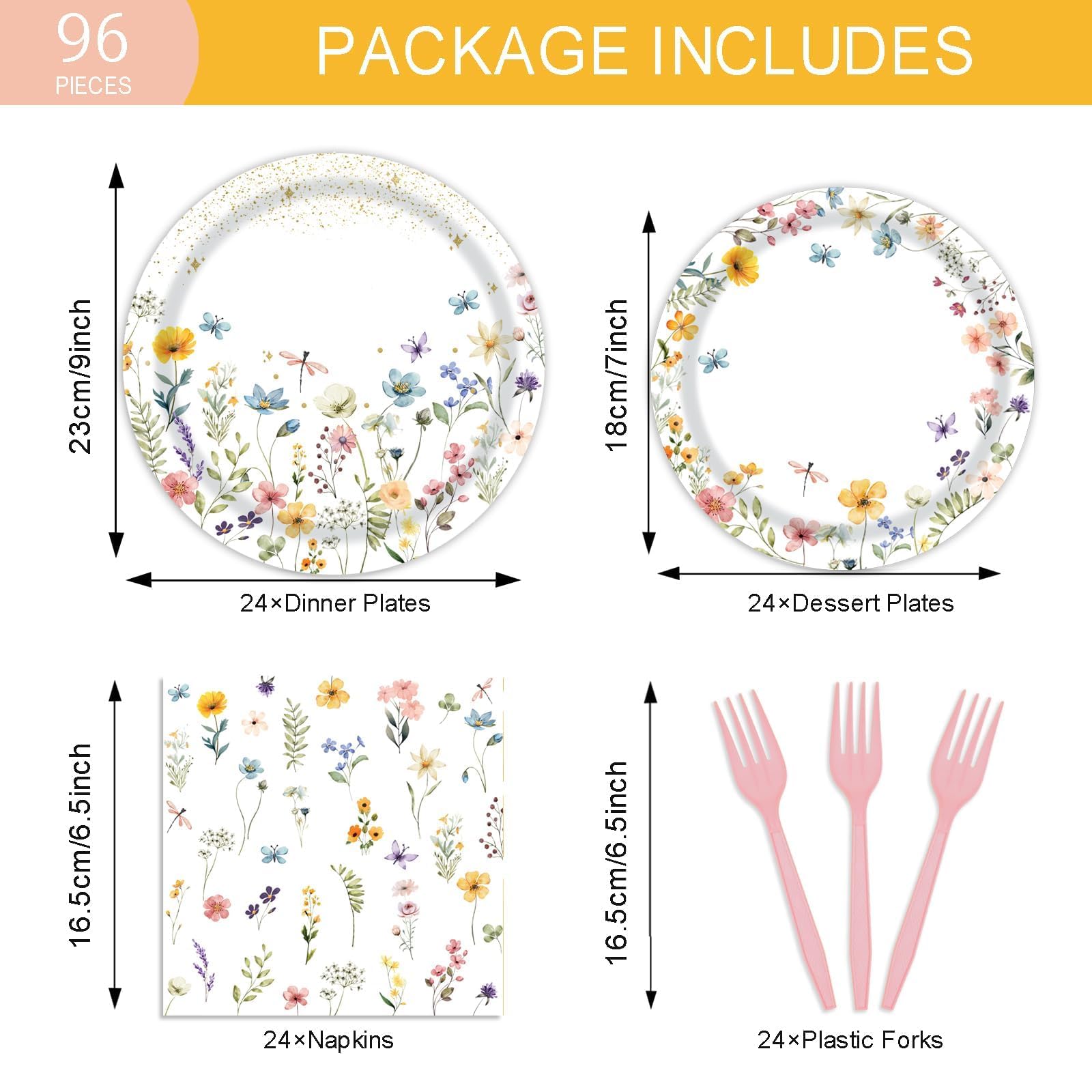 96 Pcs Wildflower Party Supplies - Disposable Floral Paper Plates & Napkins Set for Baby Shower, Birthday, Wedding, Spring & Summer Picnic, Tea Party - Decorates & Serves 24 Guests - Perfect for Outdoor Gatherings, Garden Parties & Bridal Showers