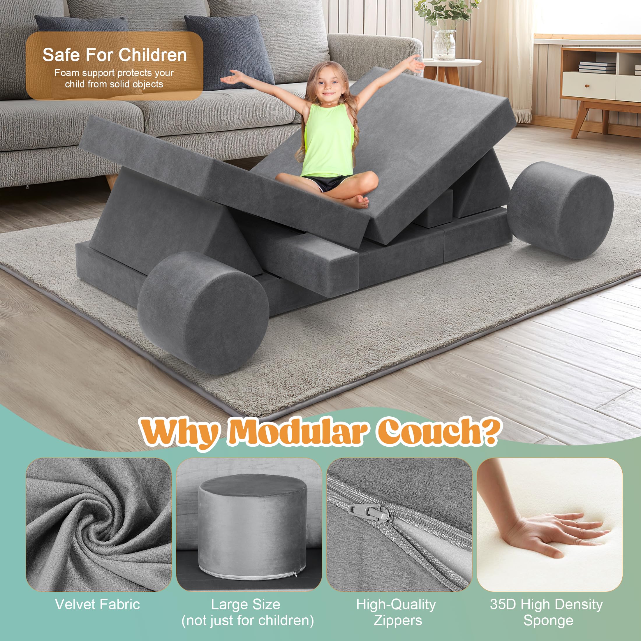 13-Piece Modular Kids Play Couch Set - Large Convertible Foam Sofa for Boys & Girls | DIY Building Fort, Sectional Floor Cushion for Creative Play | Perfect for Playrooms, Bedrooms & Indoor Adventures (Grey)