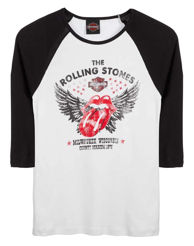 Harley-Davidson Women's Rolling Stones Winged 3/4 Sleeve Raglan T-Shirt - Vintage Rock Band Graphic Tee for Casual Wear & Motorcycle Riding - White