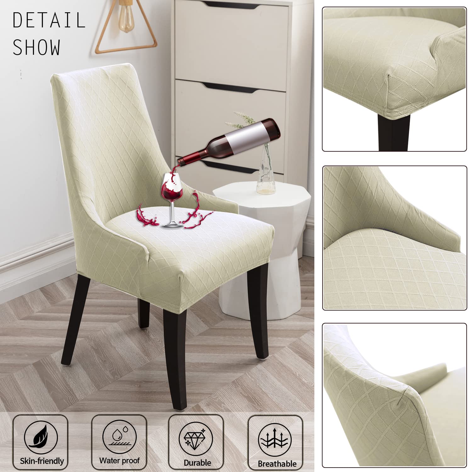 KELUINA Stretch Rhombic Geometric Wingback Chair Slipcovers - Washable & Reusable Armchair Protector Set of 4 for Dining Room, Living Room (Beige) | Perfect for Home Decor, Furniture Protection & Easy Cleaning