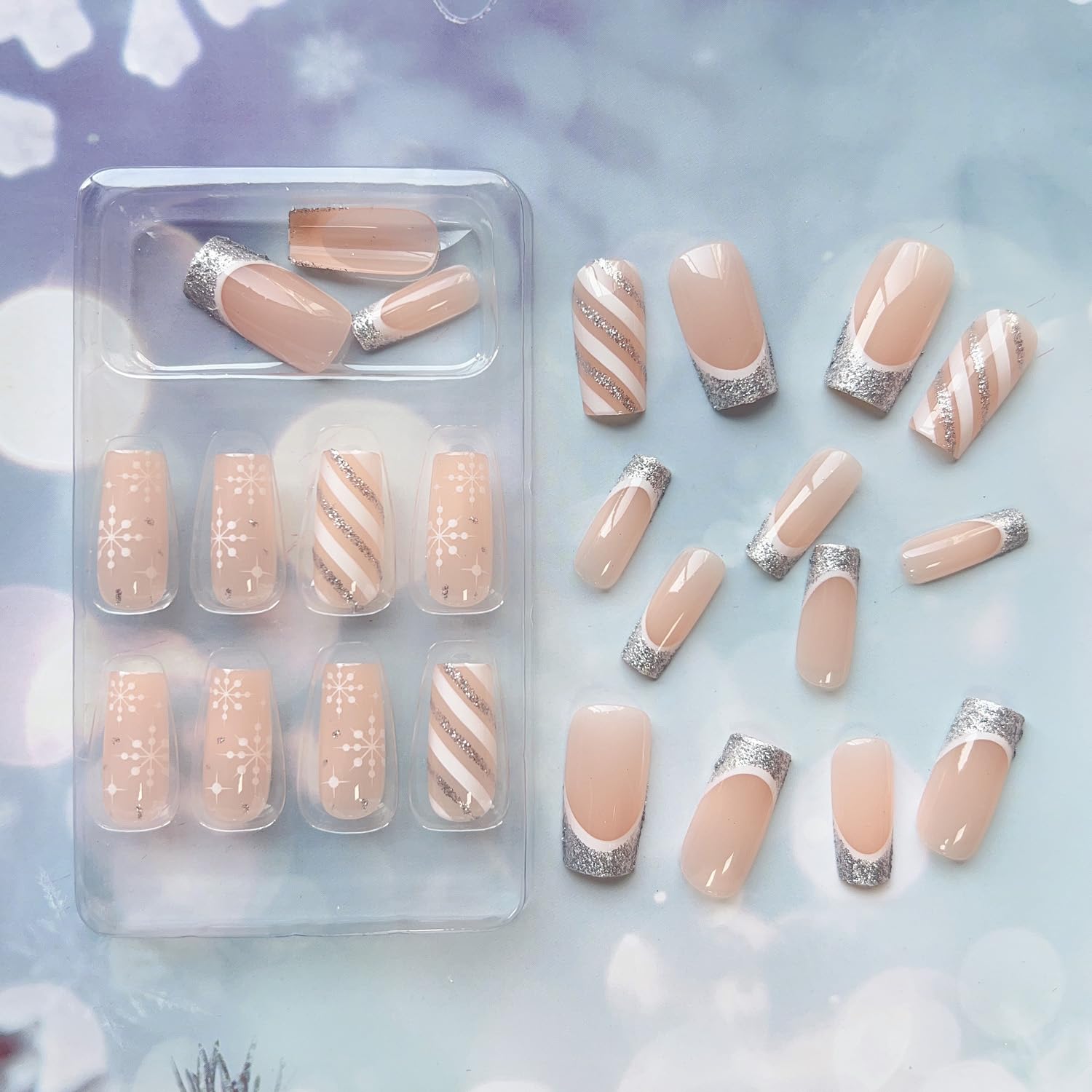 LPOODDNU Winter Snowflake Press on Nails - 24Pcs Medium Square Fake Nails with Glossy Silver Glitter for Christmas | Cute Xmas Stick on Nails for Women | Holiday Party, Gift Giving & Special Occasions