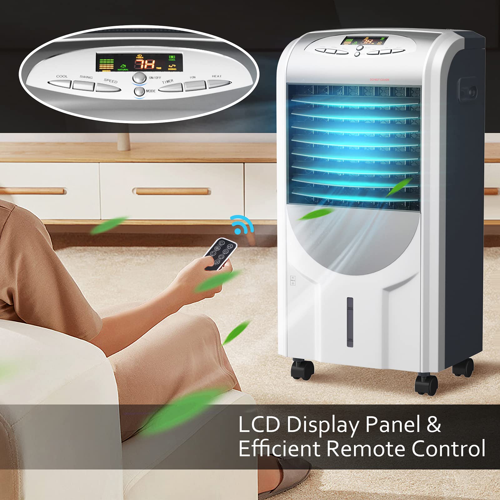 KOTEK 5-in-1 Portable Evaporative Air Cooler & Heater with Anion Function - Bladeless Quiet Cooling Fan with Remote Control, 8H Timer, 3 Modes & 3 Speeds - Perfect for Home, Office, Bedroom and Living Room Cooling