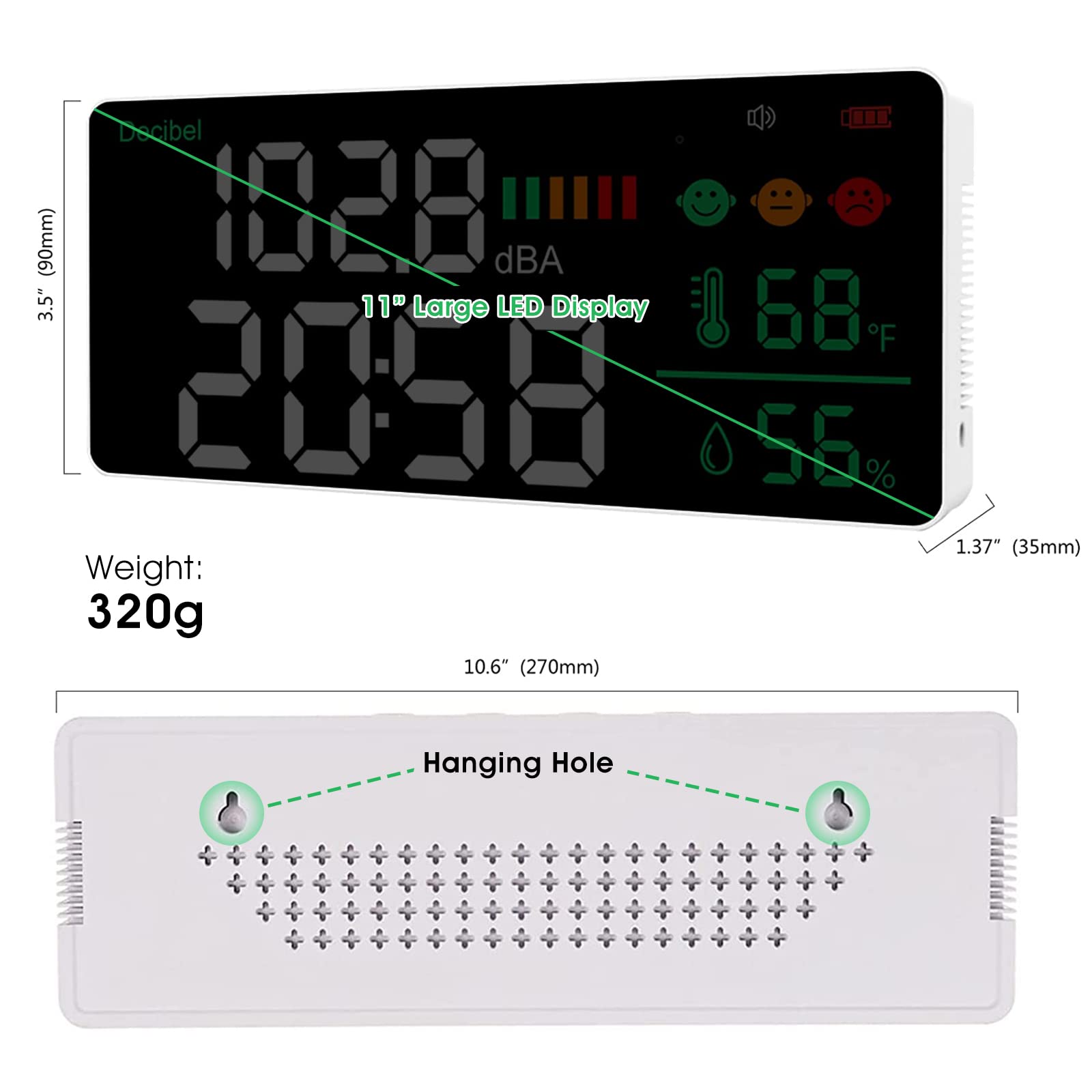 Digital Decibel Meter - Wall Mount Noise Tester with LED Display, Humidity & Temperature Measurement | Kethvoz Sound Level Monitor for Classroom, Studio, Hospital | Perfect for Workplace Safety & Environmental Noise Control