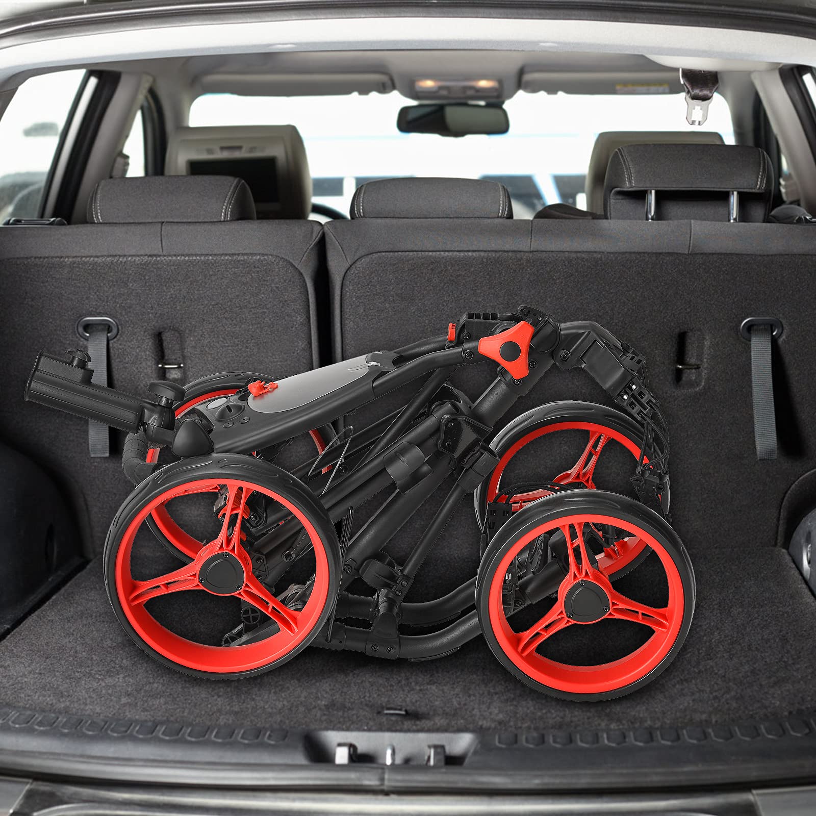 GYMAX 4 Wheel Folding Golf Push Cart - Adjustable Height Golf Trolley with Umbrella Holder, Cup Holder & Foot Brake | Lightweight Portable Golf Caddy for Adults & Teens | Perfect for Course, Driving Range & Practice Sessions