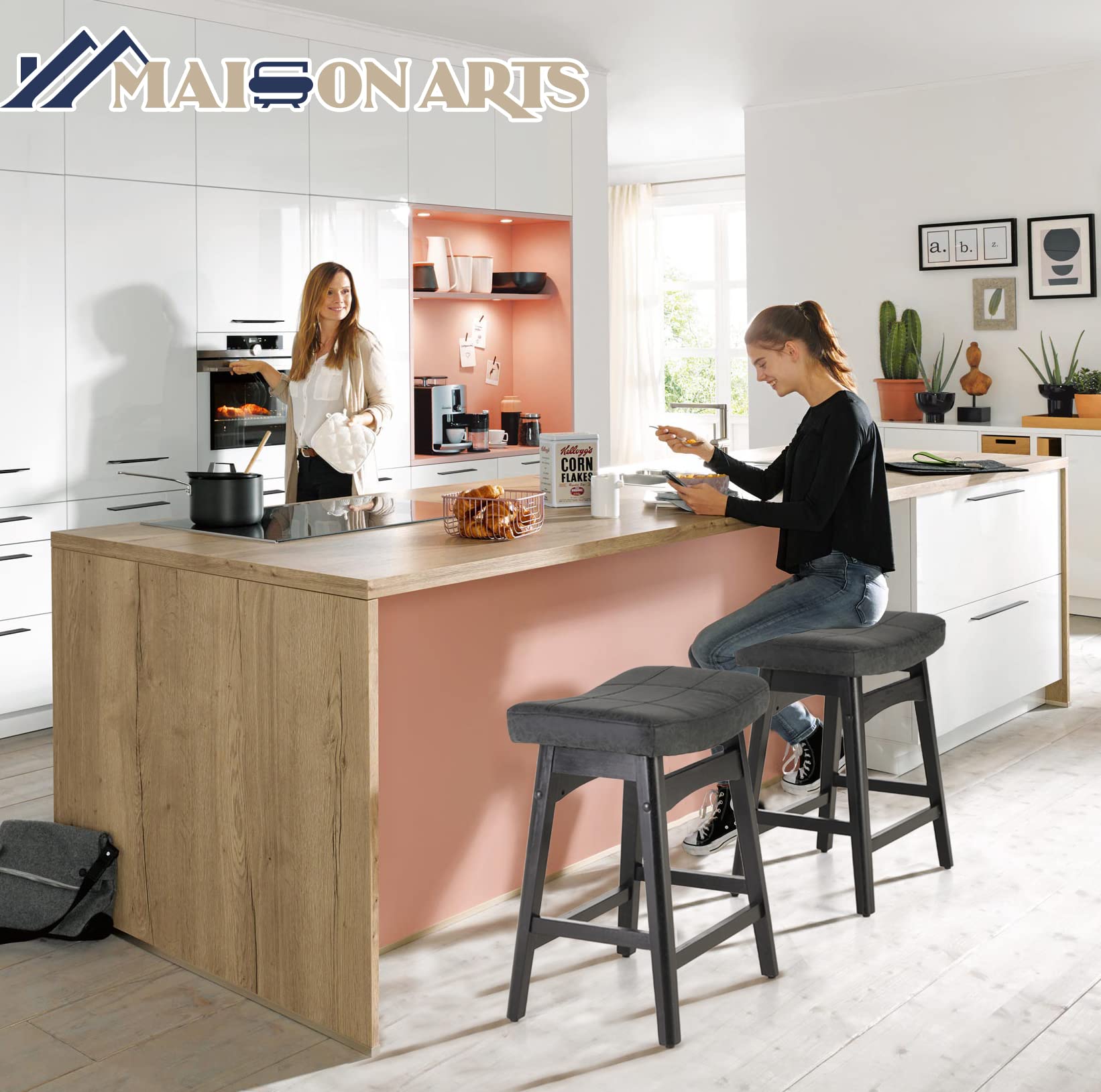 MAISON ARTS Black Counter Height Bar Stools Set of 4 - Solid Wood Legs with Faux Leather Saddle Seat - Farmhouse Style Kitchen Island Stools for 34
