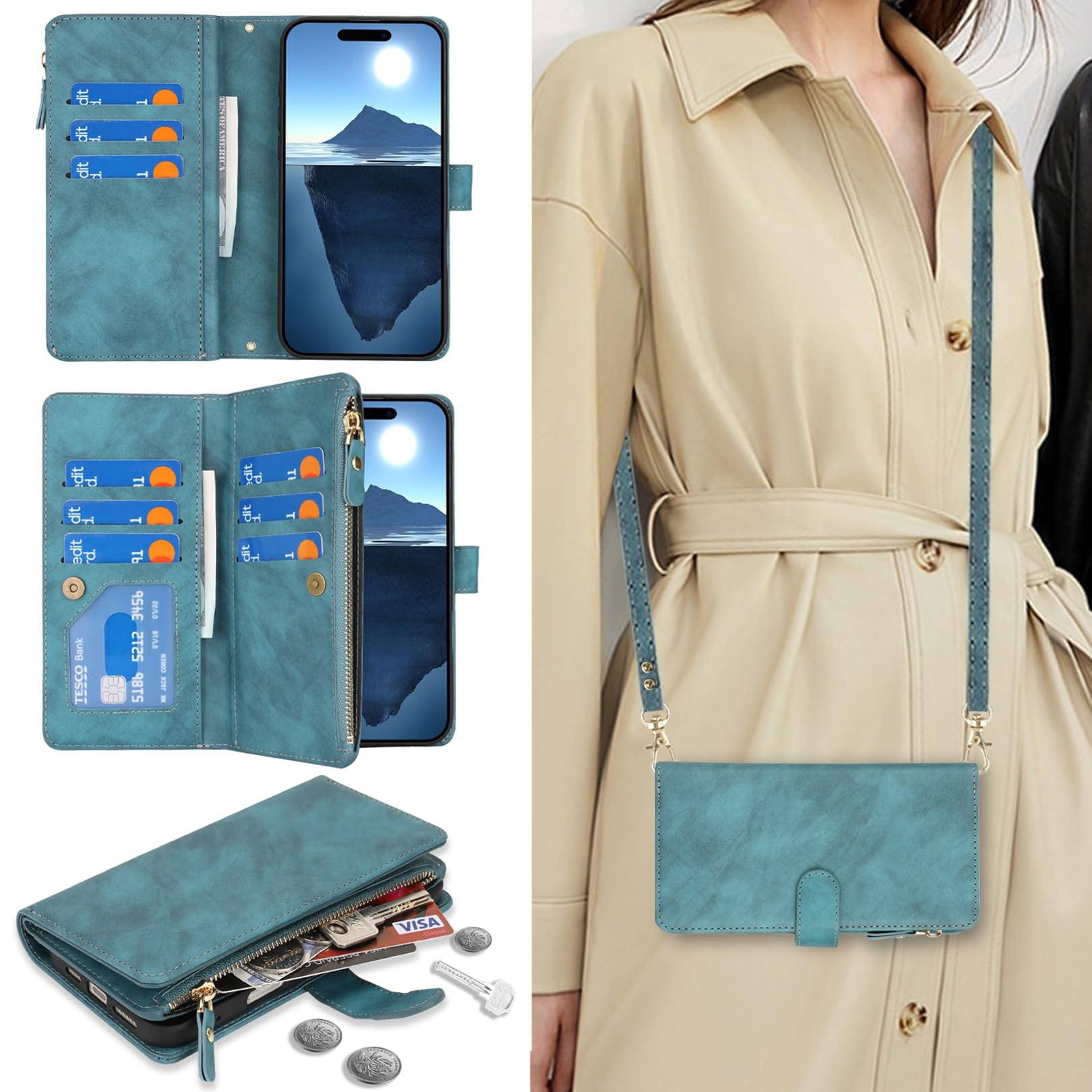 Premium PU Leather iPhone 16 Pro Wallet Case with Card Holder & Zipper Pocket - Crossbody Strap & Shoulder Lanyard - Women's Fashion Phone Cover (6.3