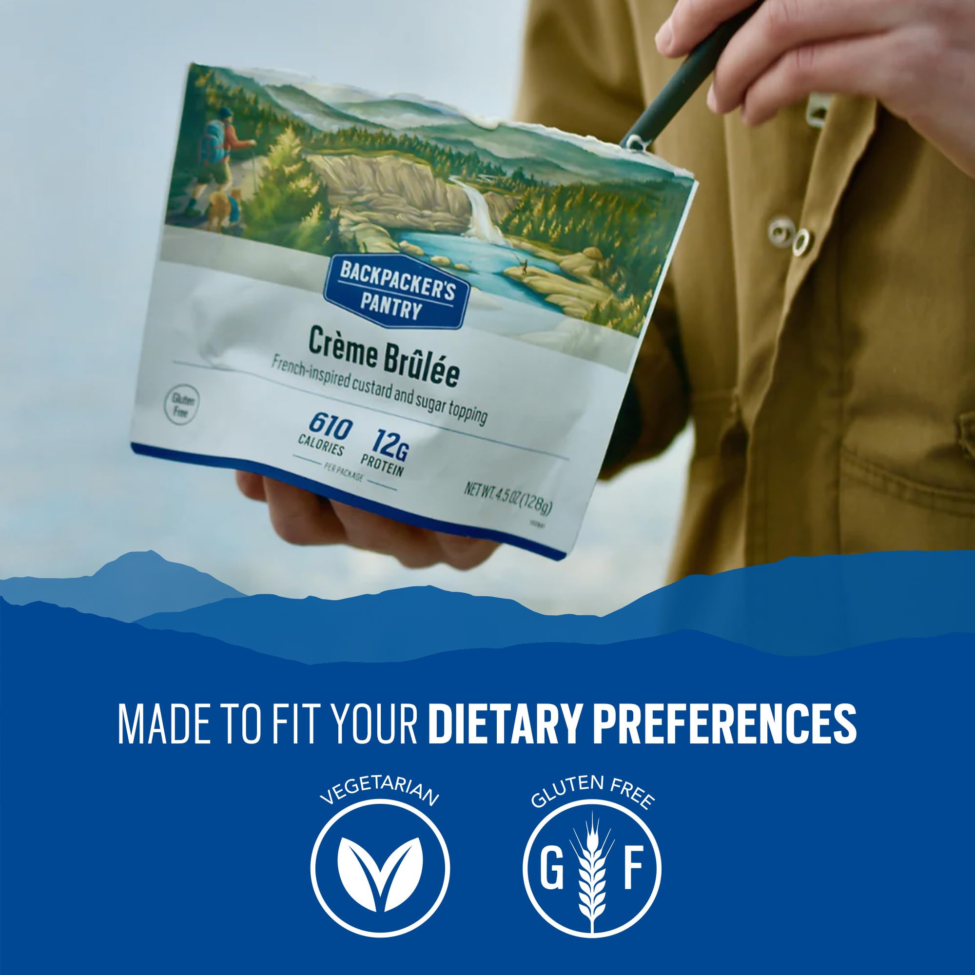 Backpacker's Pantry Freeze Dried Creme Brulee Dessert - High Protein (12g) Vegetarian Gluten-Free Camping Food - 6 Pack for Backpacking, Hiking & Emergency Preparedness