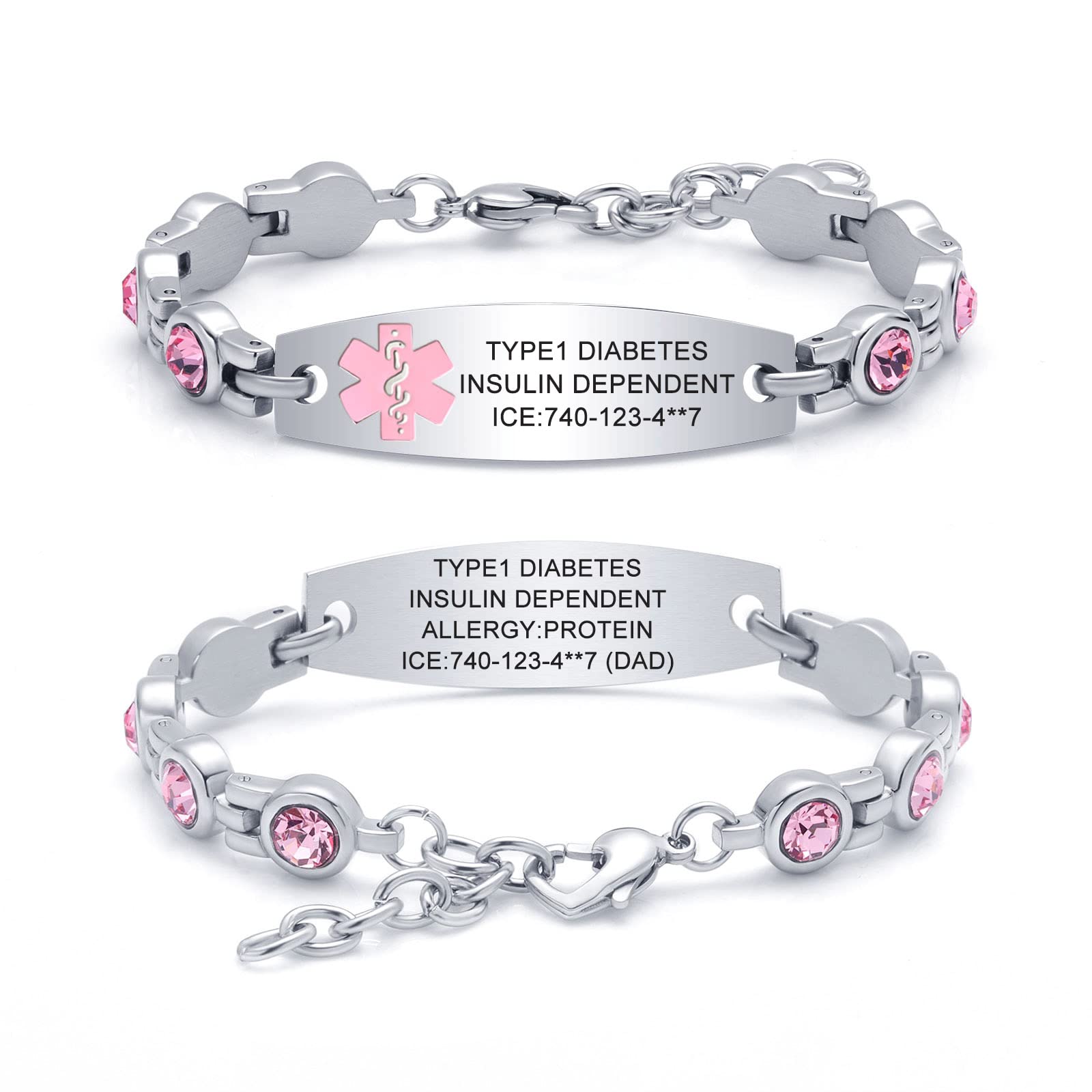 Custom Engraved Stainless Steel Medical Alert Bracelet for Women & Girls - Free Personalization with CZ Stones & Medical Card - Perfect for Allergies, Diabetes, Heart Conditions & Emergency Identification