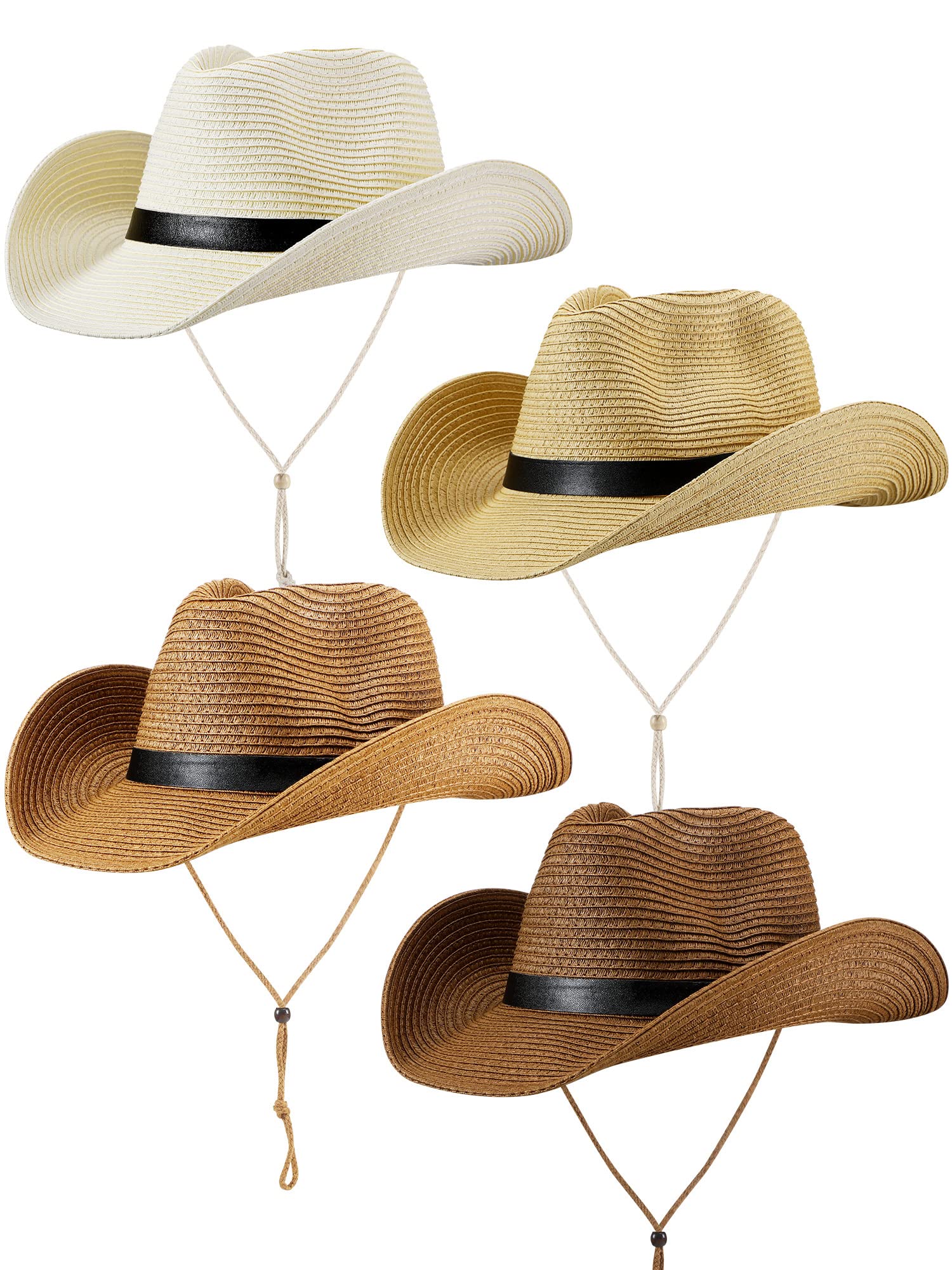 Giegxin 4 Pack Sun Straw Cowboy Hats for Men & Women - Western Cowgirl Summer Hats with Adjustable Wind Lanyard - Perfect for Beach, Outdoor, Rodeo and Country Music Festivals