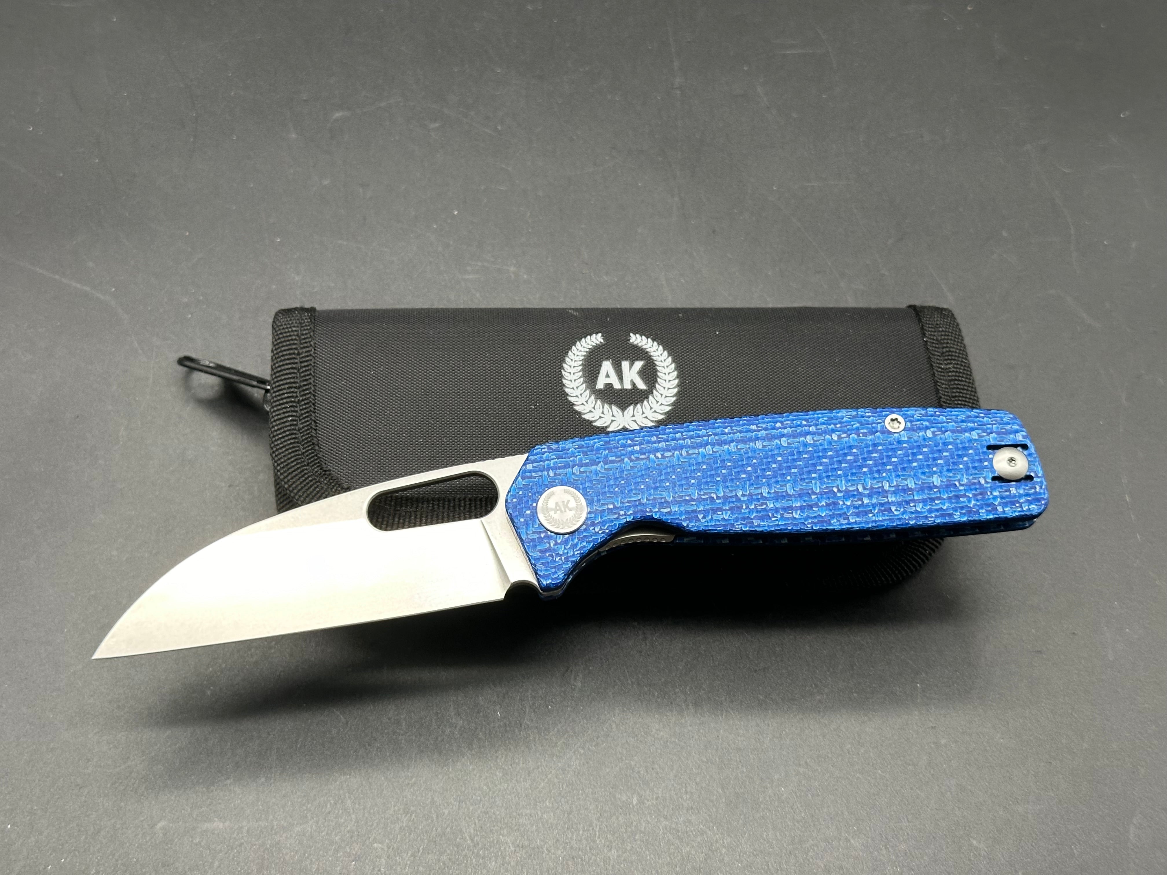 Asher Spiro 20CV Stonewash Folding Knife - Blue Carbon Fiber Handle - EDC Pocket Knife for Outdoor, Camping, Hiking & Everyday Carry