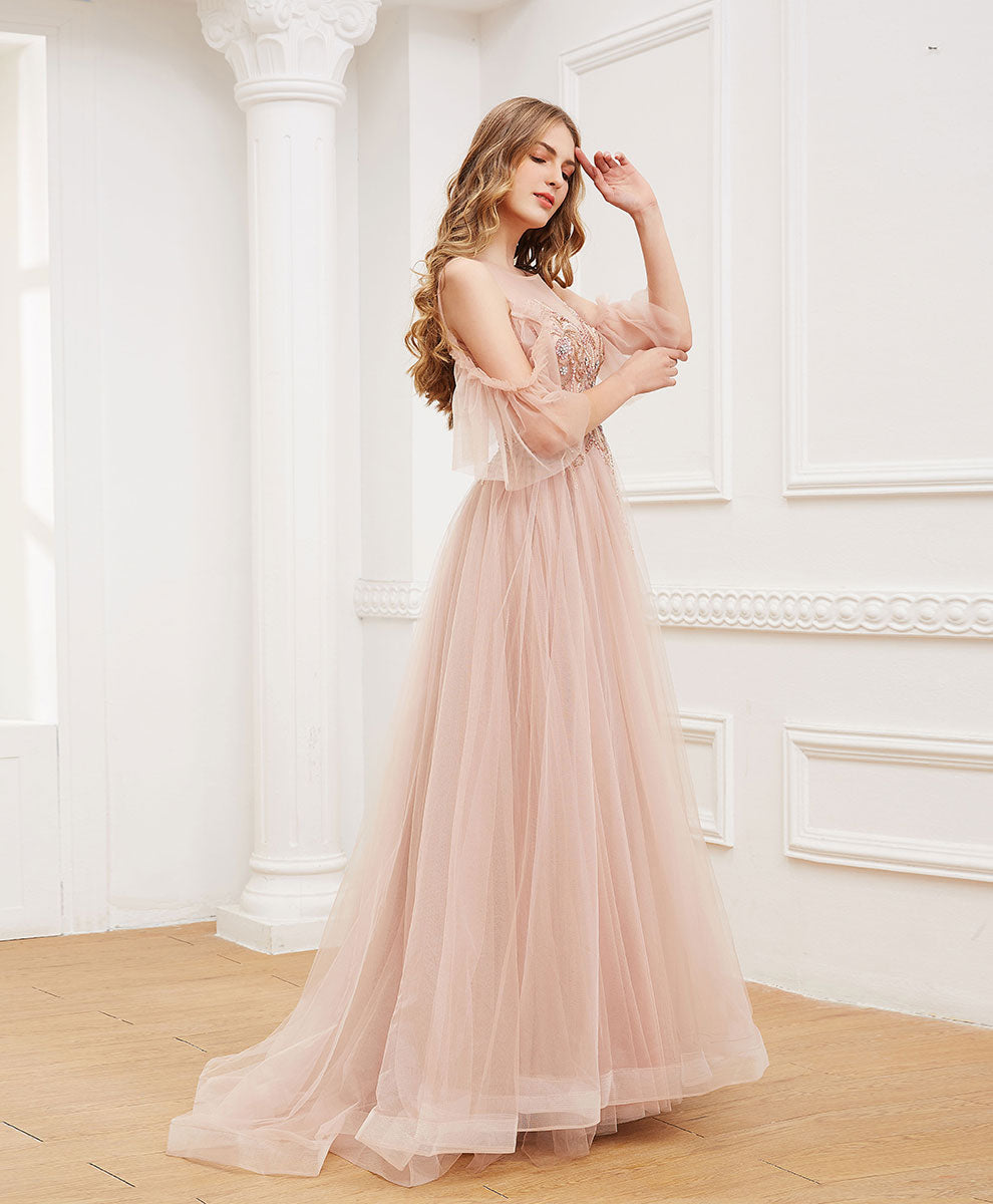 Elegant Pink Round Neck Tulle Beaded Long Prom Dress for Women - Perfect for Formal Dances, Graduations & Special Occasions