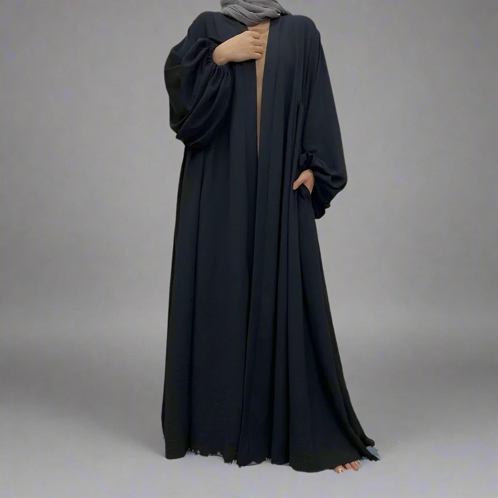 Stylish Elastic Puff Sleeve Muslim Women's Cardigan Open Abaya Dress - Perfect for Prayer, Modest Fashion & Everyday Wear
