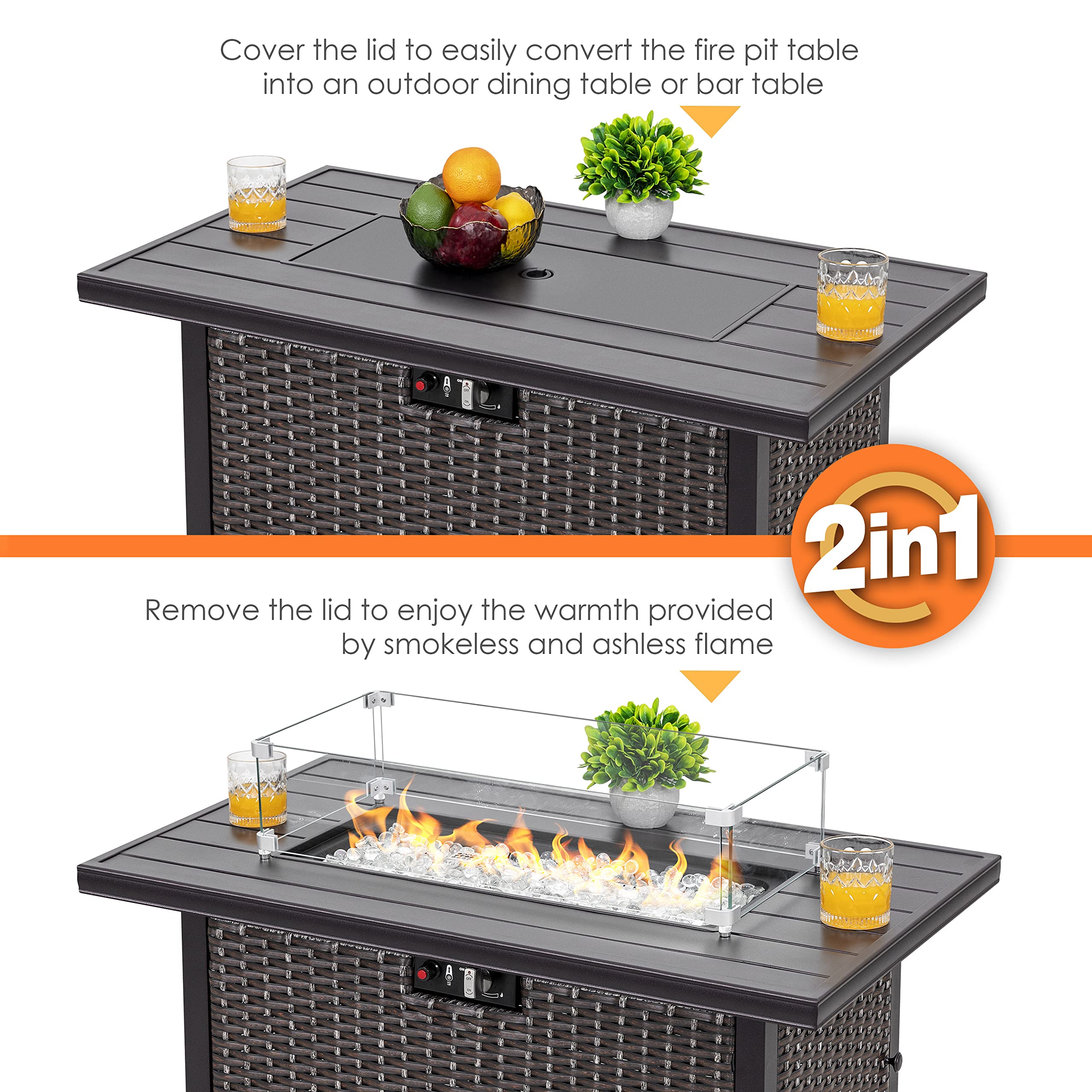 43 Inch Nuu Garden Outdoor Propane Fire Pit Table - 50,000 BTU, Aluminum Top & PE Rattan Steel Frame, Waterproof Cover, Glass Beads, Lid - Dark Brown for Patio, Backyard, Deck, and Outdoor Gatherings
