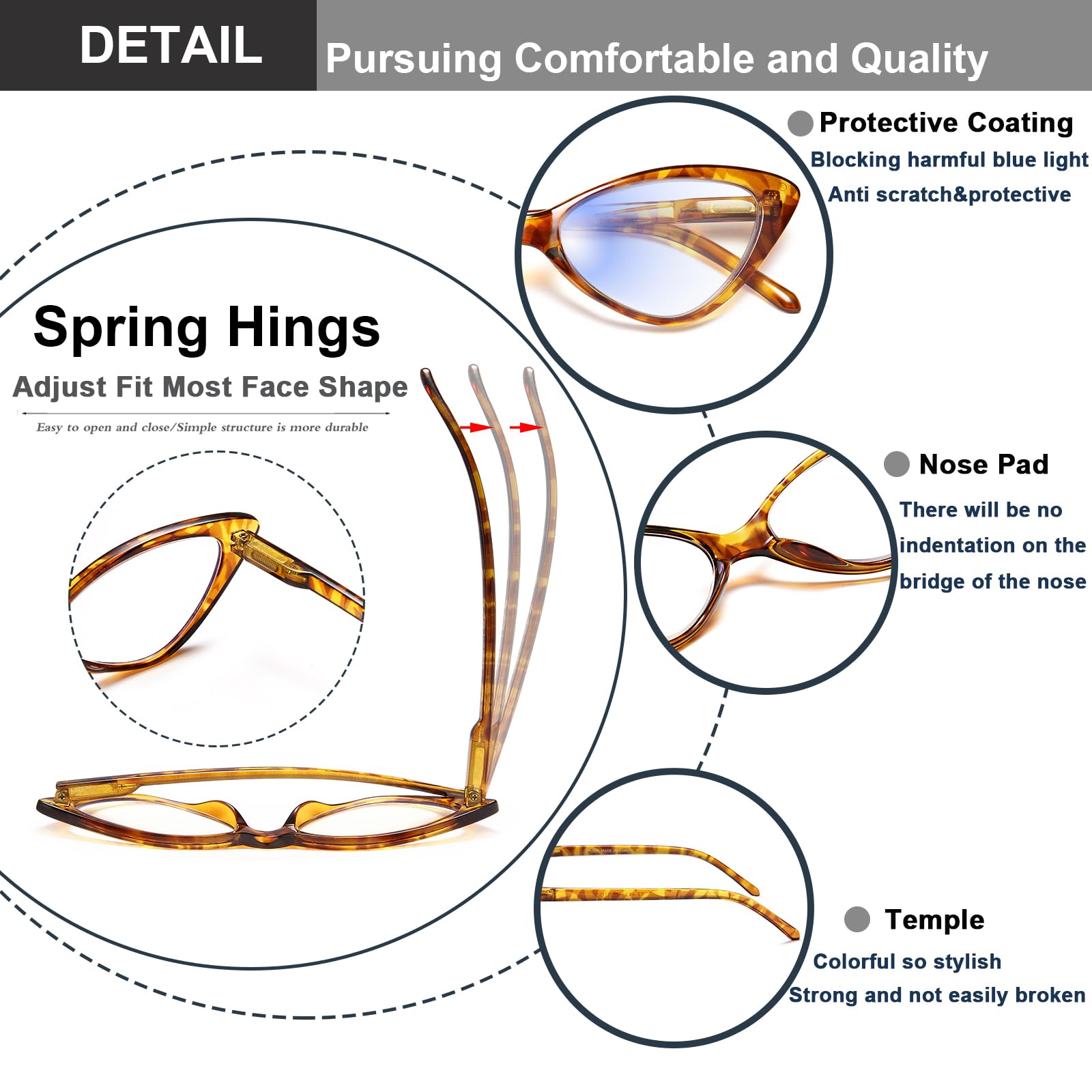 EYEURL 4-Pack Women's Fashion Cat Eye Reading Glasses - Blue Light Blocking, Anti-Glare & UV Protection with Spring Hinges - Perfect for Computer Work, Reading & Office Use