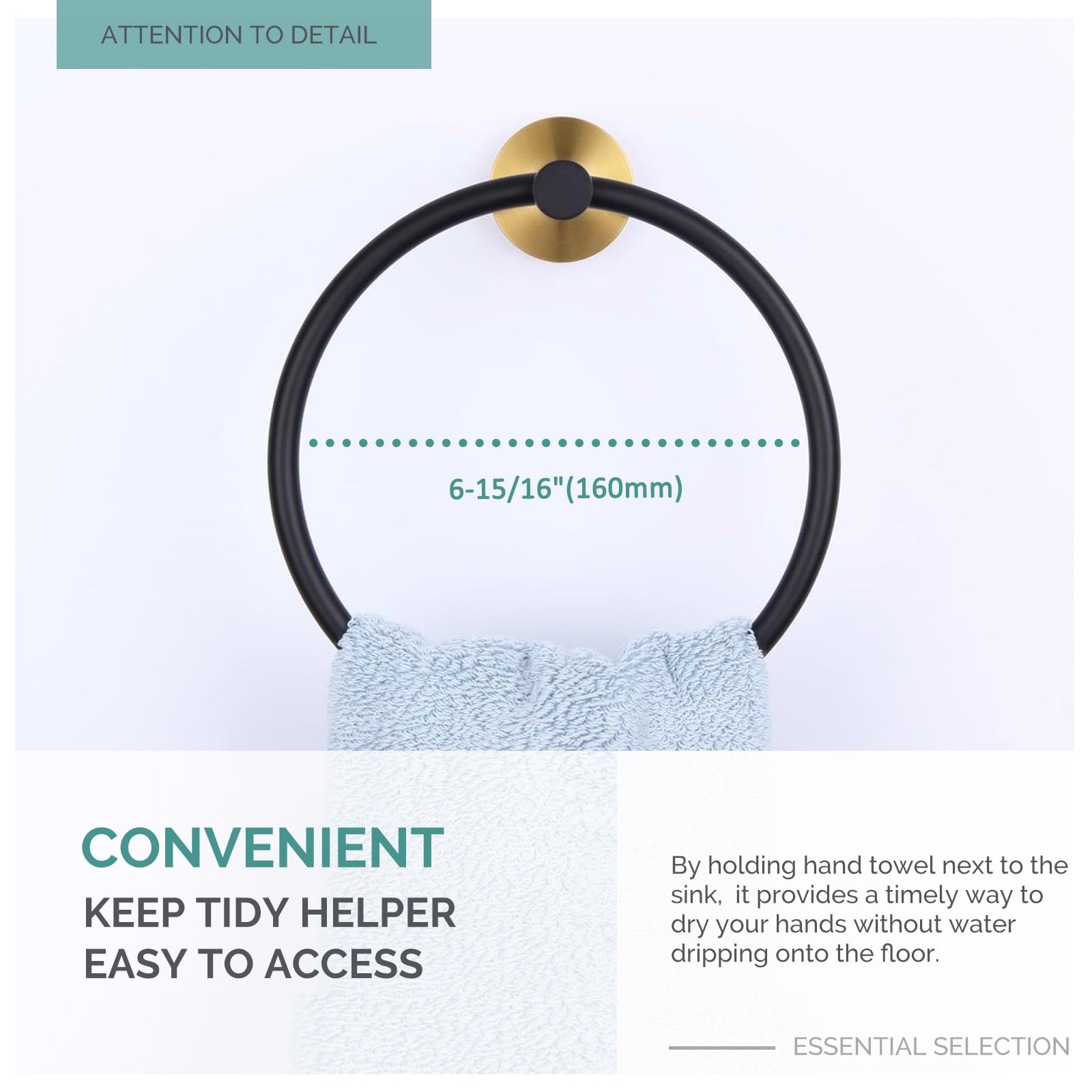 Round Single Towel Hook with Matching Towel Ring Set - Black & Gold Bathroom Accessories for Hanging Towels, Robes & Decor