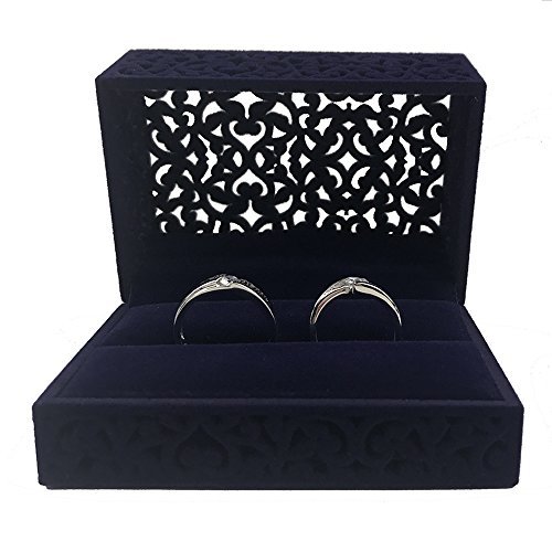 DesignSter Double Ring Bearer Box - Hollow Velvet Wedding Ring Holder for Ceremony - Dark Blue Ring Box for Couples, Engagement & Vows
