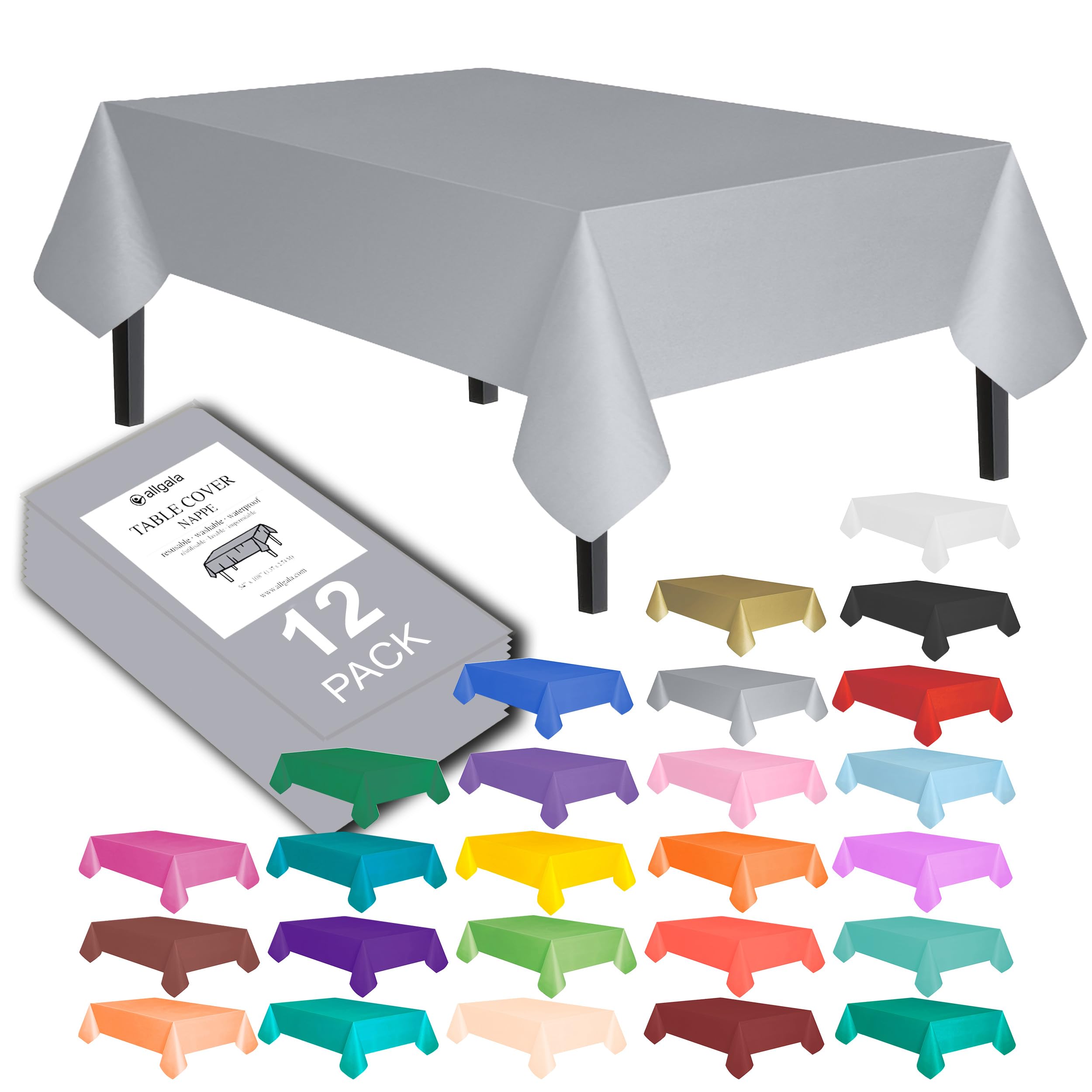 Allgala Waterproof Disposable Tablecloth 6-Pack (54x108 Inches) - Silver - Perfect for Parties, Birthdays, Weddings, Picnics & Home Decorations | Durable & Spill-Proof for Indoor/Outdoor Events