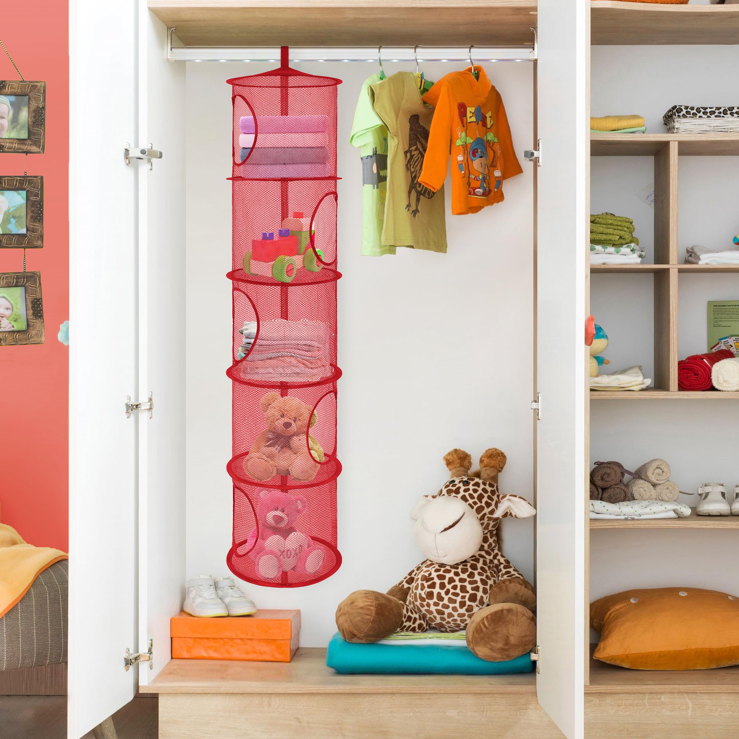 Libeder Foldable Mesh Hanging Storage Organizer - 5 Compartment Toy Net Basket for Kids Room & Bathroom (2 Pack, Red) | Space Saving Stuffed Animal & Clothes Storage Solution for Home Organization