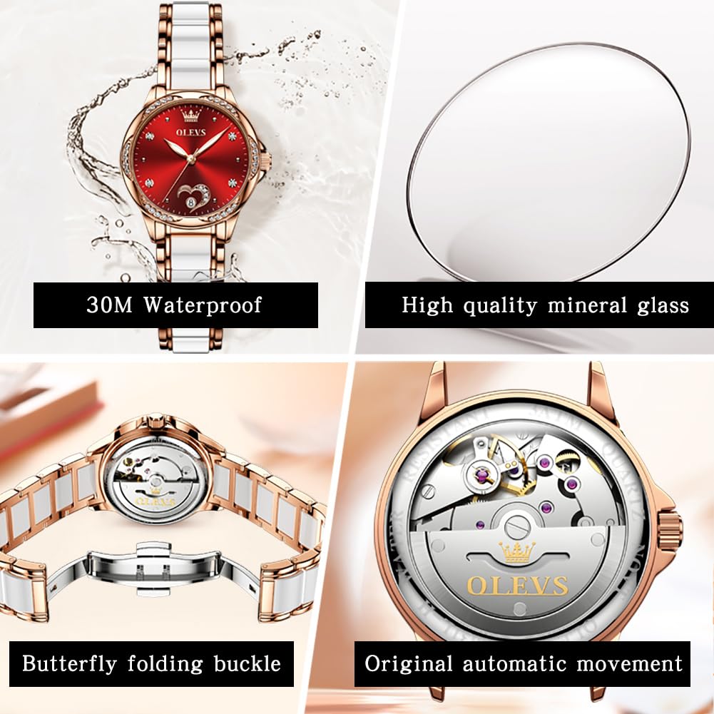 OLEVS Women's Luxury Diamond Automatic Self-Winding Watch - Elegant Stainless Steel & Ceramic Dress Watch with Luminous Hands, Waterproof for Daily Wear - Perfect for Business, Evening Events & Special Occasions