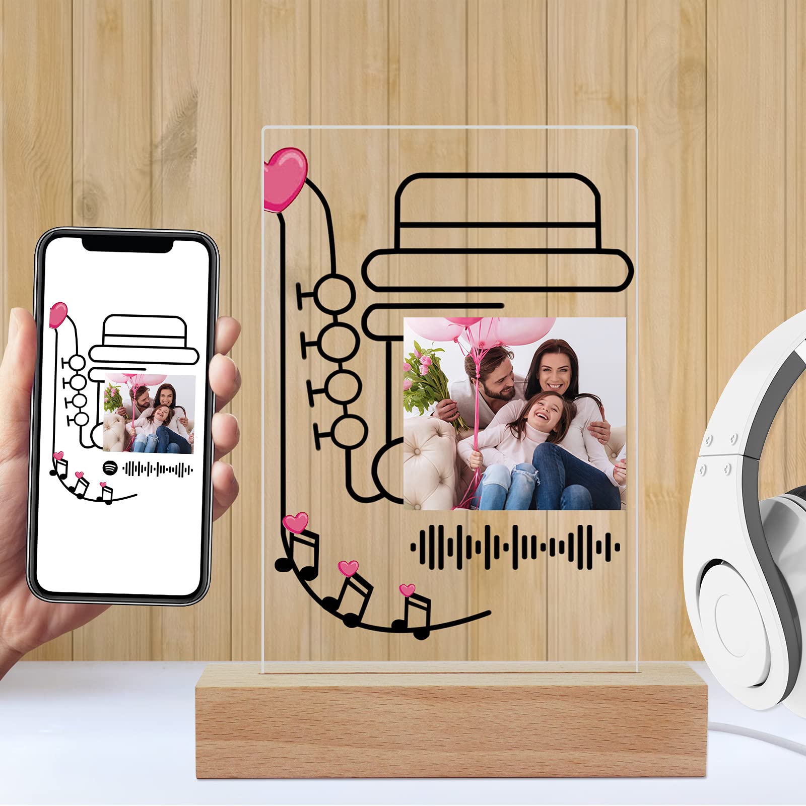 Custom Music Art Plaque Night Light - Personalized LED Lamp with Scannable Photo & Song Album Cover - Unique Gift for Father's Day, Mother's Day, Valentine's, Christmas, Birthday & Anniversary - Perfect for Bedroom Decor, Romantic Surprises & Special Occasions