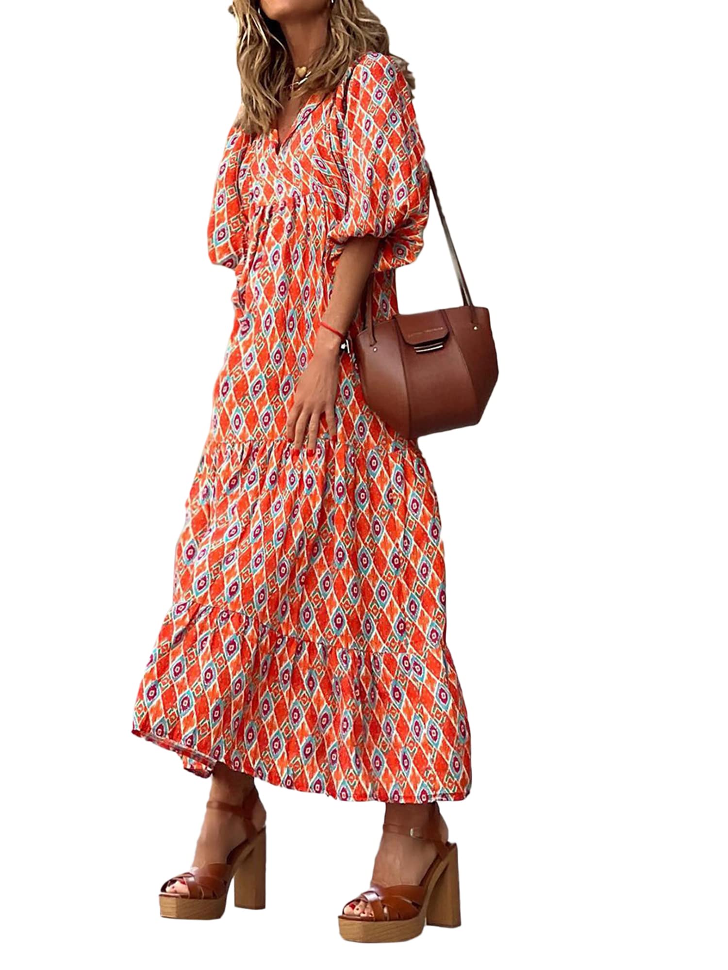 Women's Geometric Print Long Dress - V-Neck Puff Sleeve Loose Maxi Dress for Spring & Summer | Casual Wear, Beach Cover Up, Party Outfit