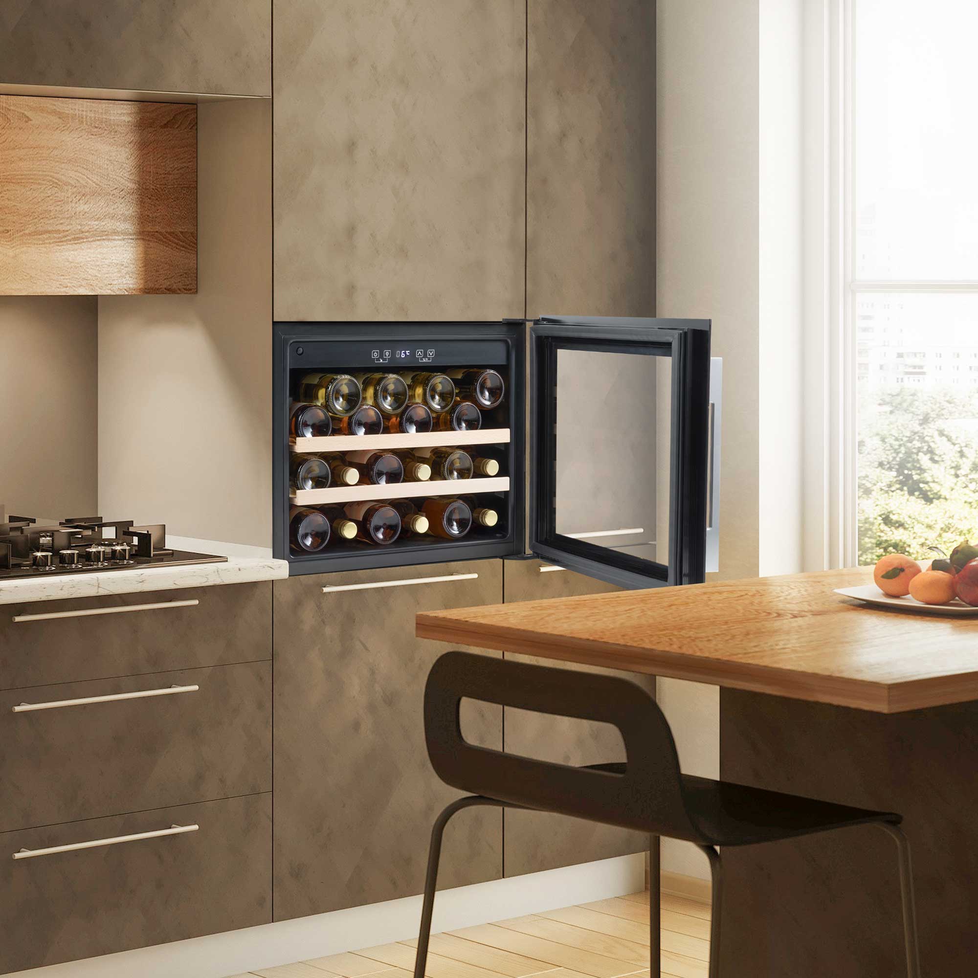 Baridi 60cm Built-In 28 Bottle Wine Cooler Refrigerator with Beech Wood Shelves - Black DH205 | Perfect for Home Bars, Restaurants & Wine Cellars