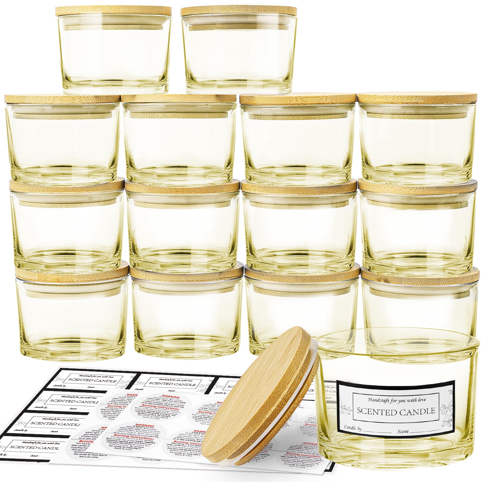 CONNOO 15-Pack 4oz Lemon Yellow Glass Candle Jars with Airtight Bamboo Lids - Bulk Small Wide Mouth Empty Candle Containers for DIY Candle Making, Home Decor & Gifts - Includes Warning Labels & Dishwasher Safe