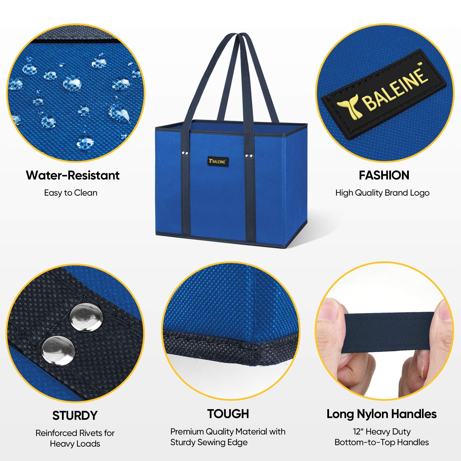 BALEINE 3-Pack Reusable Grocery Bags - Foldable Shopping Tote with Reinforced Bottom & Sturdy Handles (Blue) - Eco-Friendly Grocery Haulers for Market, Beach & Travel