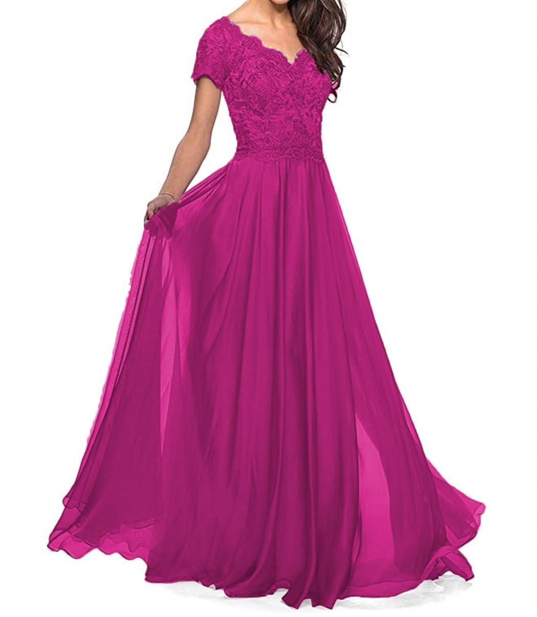 Elegant Lace Appliques Mother of The Bride Dress - Long Chiffon A-Line Short Sleeves Wedding Party Gown for Women | Perfect for Formal Weddings, Evening Galas & Special Occasions
