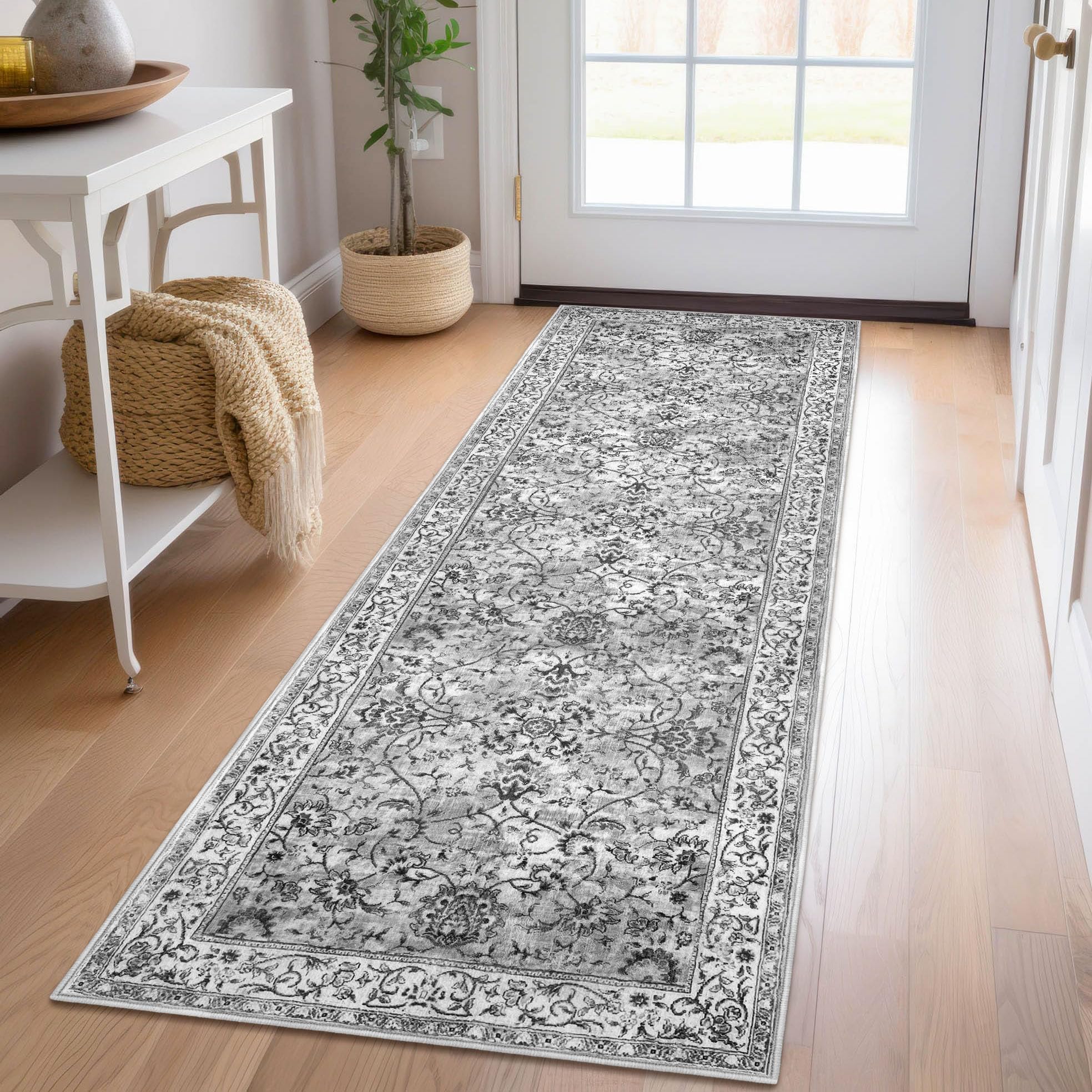 KILOCOCO Vintage Floral Washable Non-Slip Runner Rug 2x6 - Distressed Boho Hallway, Kitchen & Laundry Room Rug - Soft Light Gray White for Bedroom, Entryway & High Traffic Areas