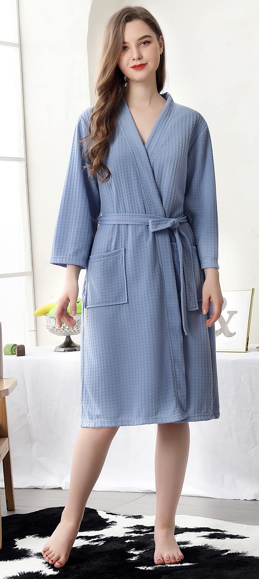 Cromoncent Women's Knee Length Soft Lightweight Waffle Spa Robe - Cozy Kimono Bathrobe for Women & Men - Perfect for Spa, Bath, Lounge & Relaxation at Home