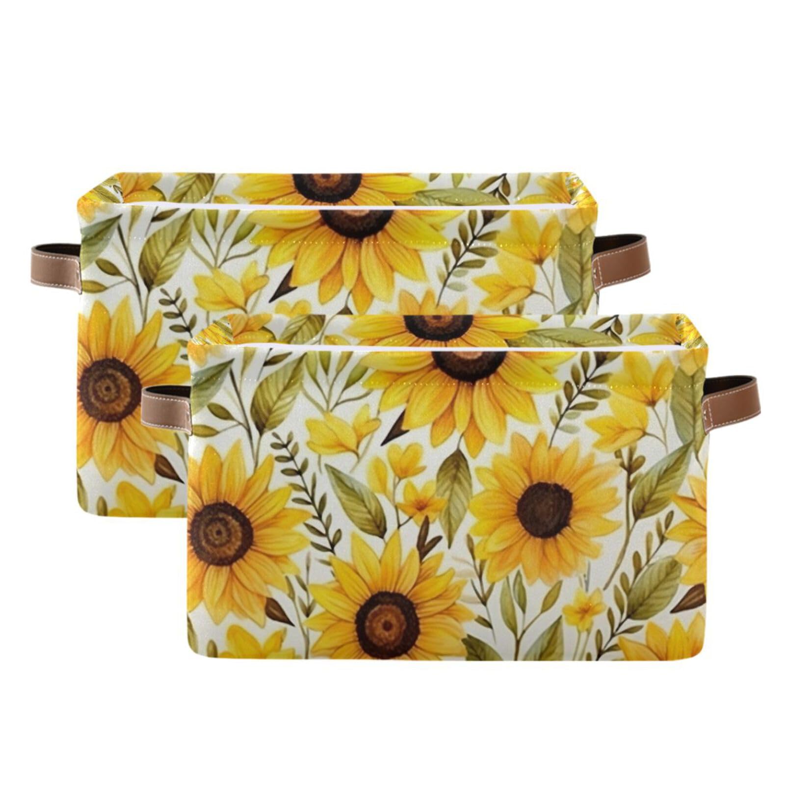 Vintage Sunflower Storage Baskets - Foldable Canvas Fabric Organizer Box with Handles (2 Pack) | Home Office Decor, Closet Shelves & Clothes Storage | Perfect for Bedroom, Bathroom & Laundry Room Organization