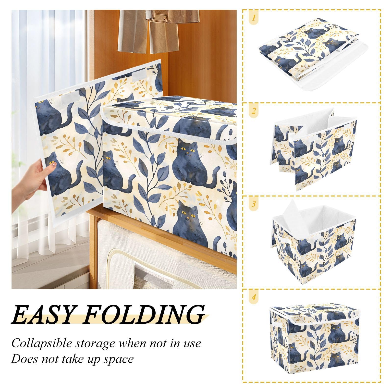 Foldable Fabric Storage Bins with Lids - Cute Cat Pattern Collapsible Organizer Boxes for Home, Bedroom, Closet & Office Organization | Perfect for Toys, Blankets & Seasonal Storage