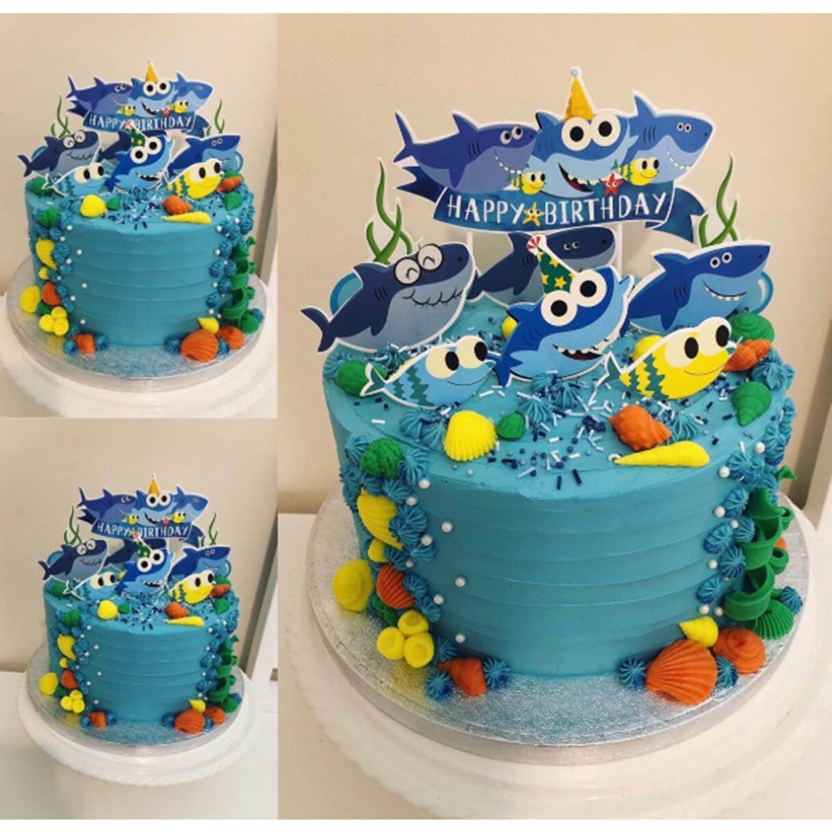 Shark Birthday Cake Topper - Blue Shark Cupcake Toppers for Kids Birthday Party Decorations, Shark Theme Party Supplies for Ocean Underwater Baby Shower Decor