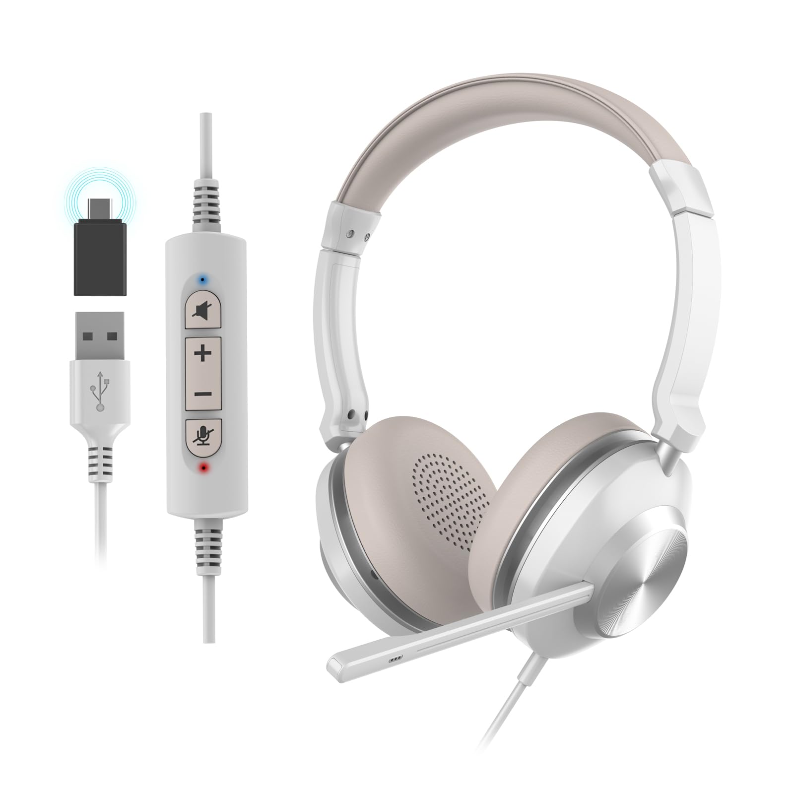 Noise Cancelling USB Headset with Microphone for PC & Laptop - Wired Computer Headset with In-line Volume Control & Mute Button, Includes USB-C Adapter for Office Work, Video Calls, Gaming & Online Meetings (Teams/Zoom/Skype)