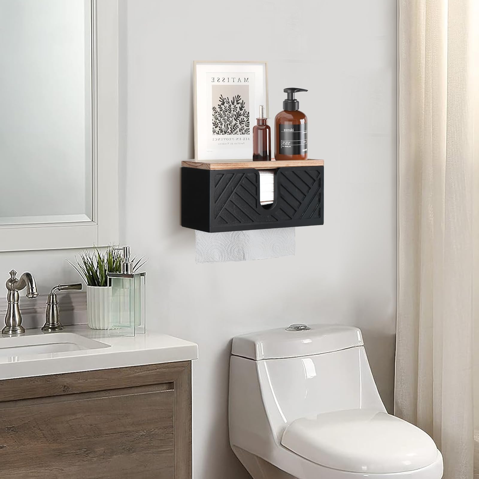 Solid Wood Paper Towel Holder Wall Mounted - Black | Kitchen & Bathroom Organizer for Easy Access & Space Saving