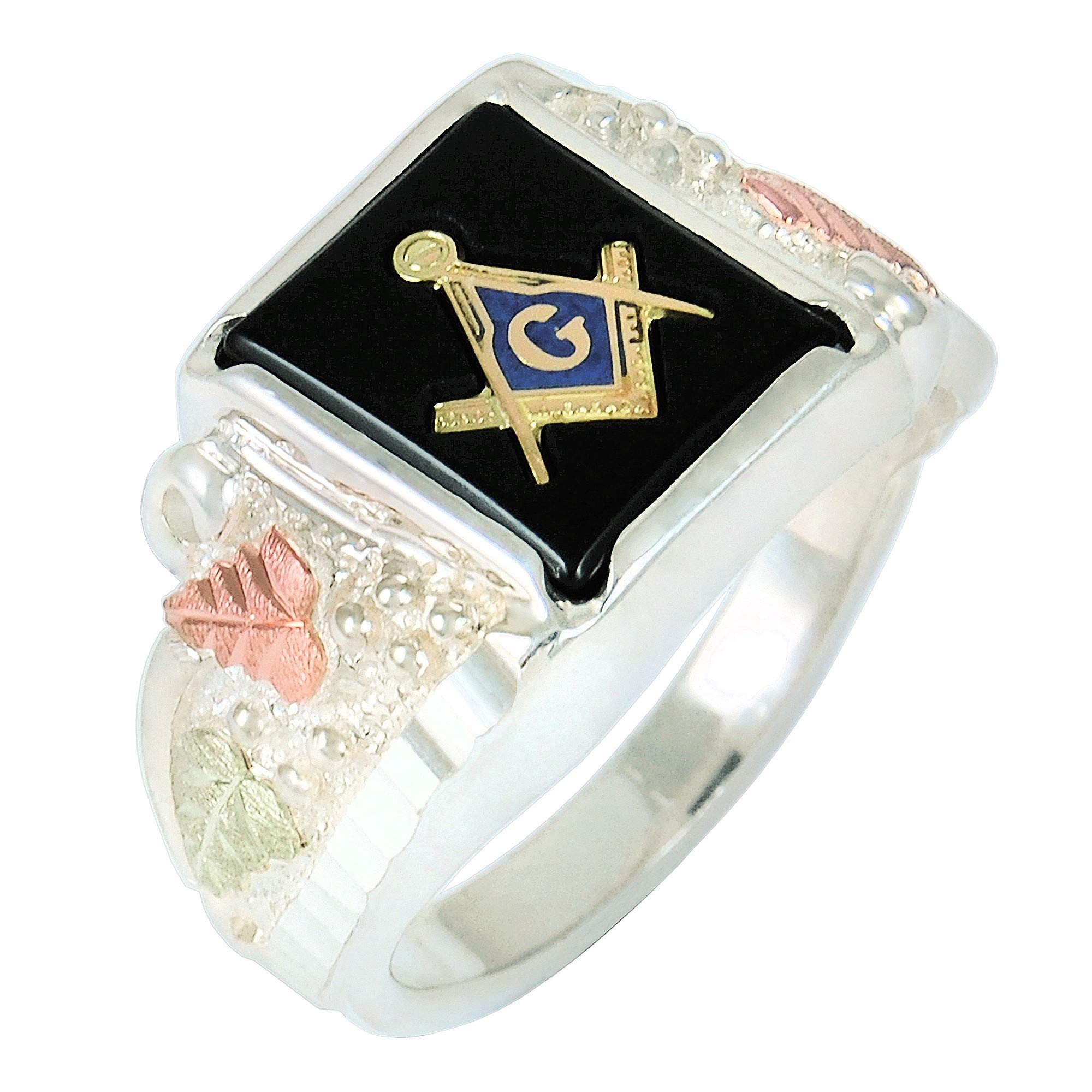 Sterling Silver Men's Black Hills Gold Masonic Ring with 12x10mm Natural Black Onyx - Perfect for Freemason Ceremonies & Gifts