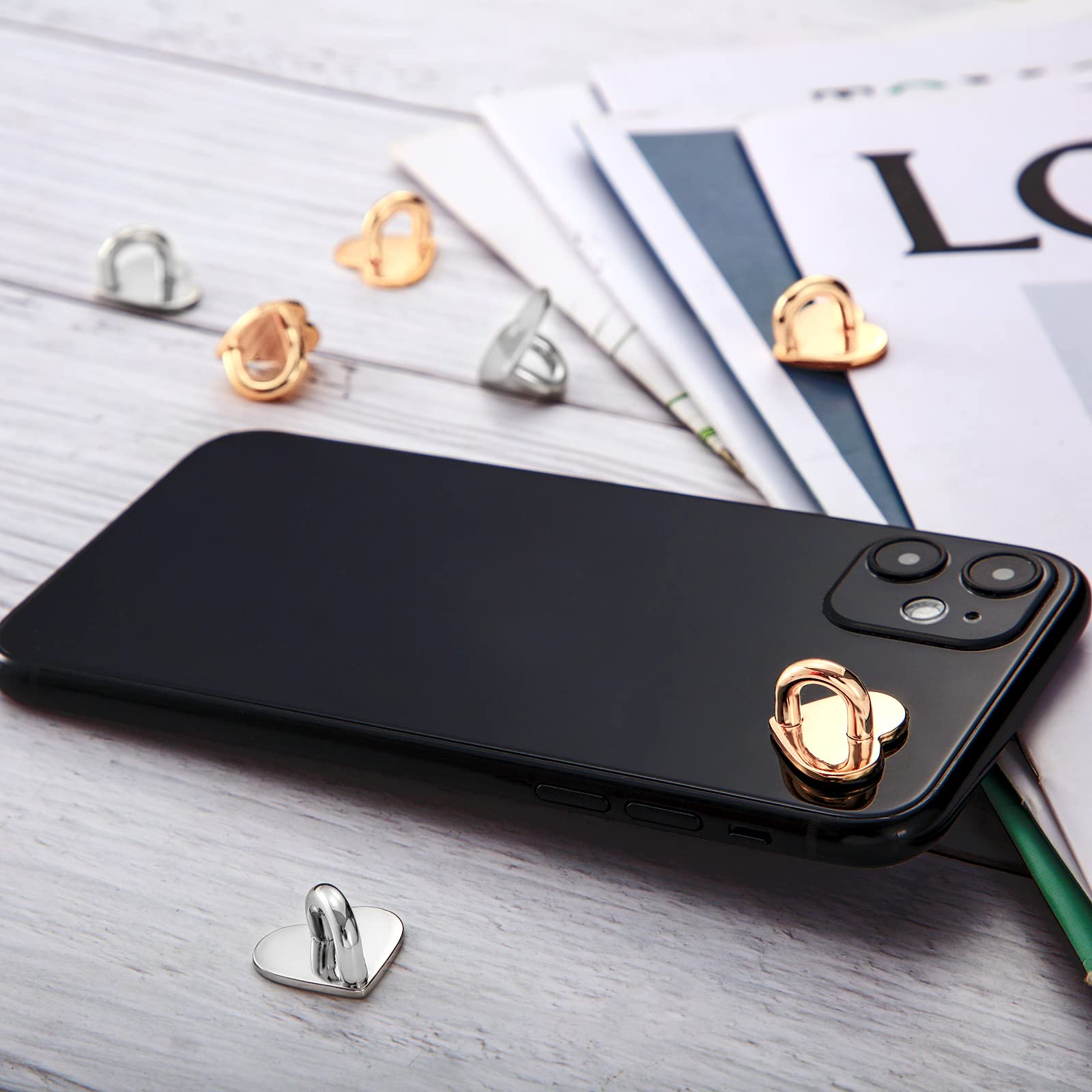 8 Pcs Metal Phone Finger Ring Holder with Adhesive - Heart Grip Stand & Hook for DIY Hanging - Perfect for iPhone, Samsung & Smartphone Accessories (Ideal for Commuting, Gaming & One-Hand Use)