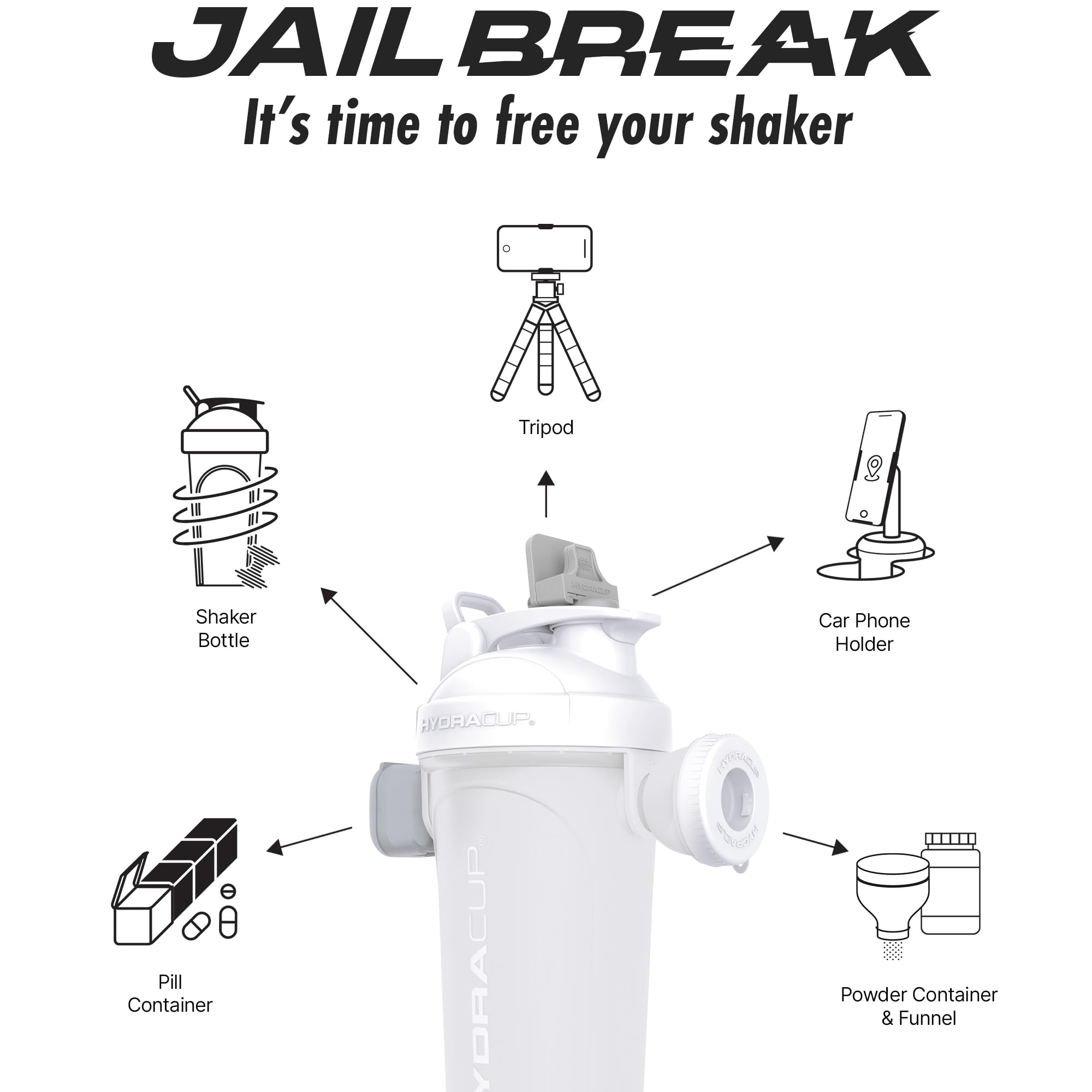 **28 oz Hydra Cup JailBreak Shaker Bottle for Protein Shakes & Smoothies - BPA Free, Leak-Proof with Handle & Blender Ball - Car Phone Holder for Gym, Travel, Workout & On-The-Go (White)**