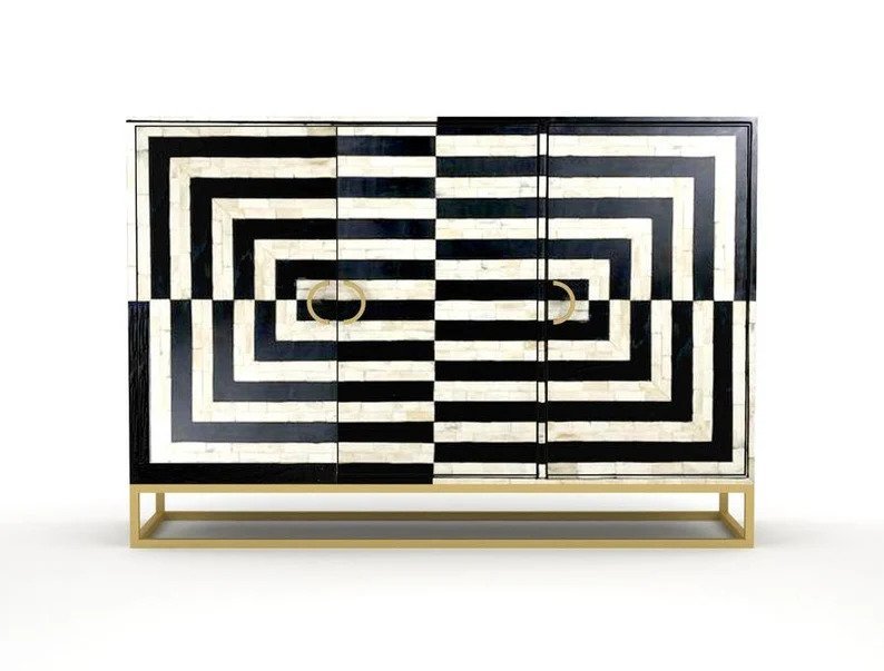 Handmade Bone Inlay Geometric Design Sideboard Buffet Table - Abstract Black Wooden Console for Dining Room & Living Room Decor
